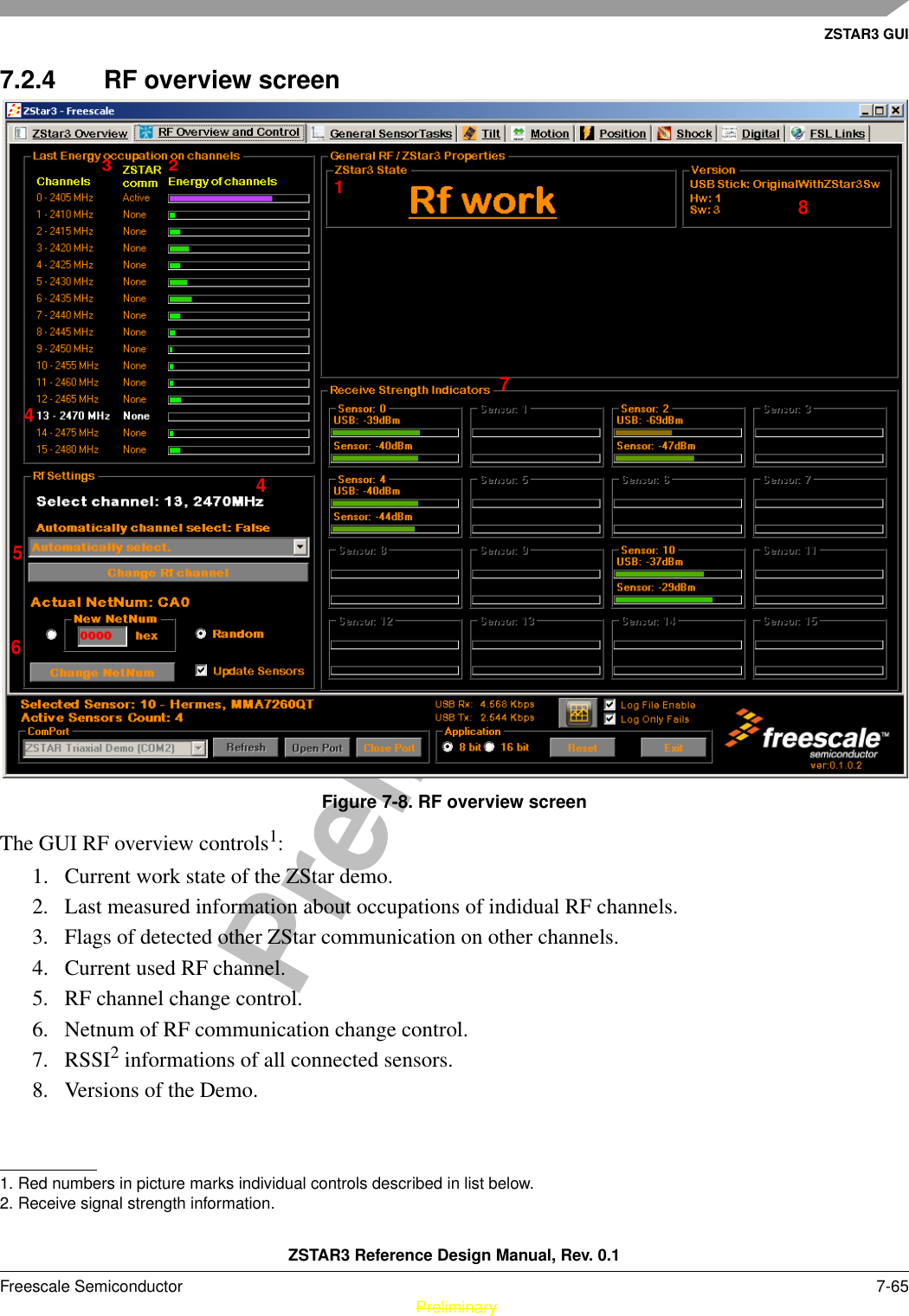 ZSTAR3 GUIZSTAR3 Reference Design Manual, Rev. 0.1Freescale Semiconductor 7-65 PreliminaryPreliminary7.2.4 RF overview screenFigure 7-8. RF overview screenThe GUI RF overview controls1: 1. Current work state of the ZStar demo.2. Last measured information about occupations of indidual RF channels.3. Flags of detected other ZStar communication on other channels.4. Current used RF channel.5. RF channel change control.6. Netnum of RF communication change control.7. RSSI2 informations of all connected sensors.8. Versions of the Demo.1. Red numbers in picture marks individual controls described in list below.2. Receive signal strength information.123445678