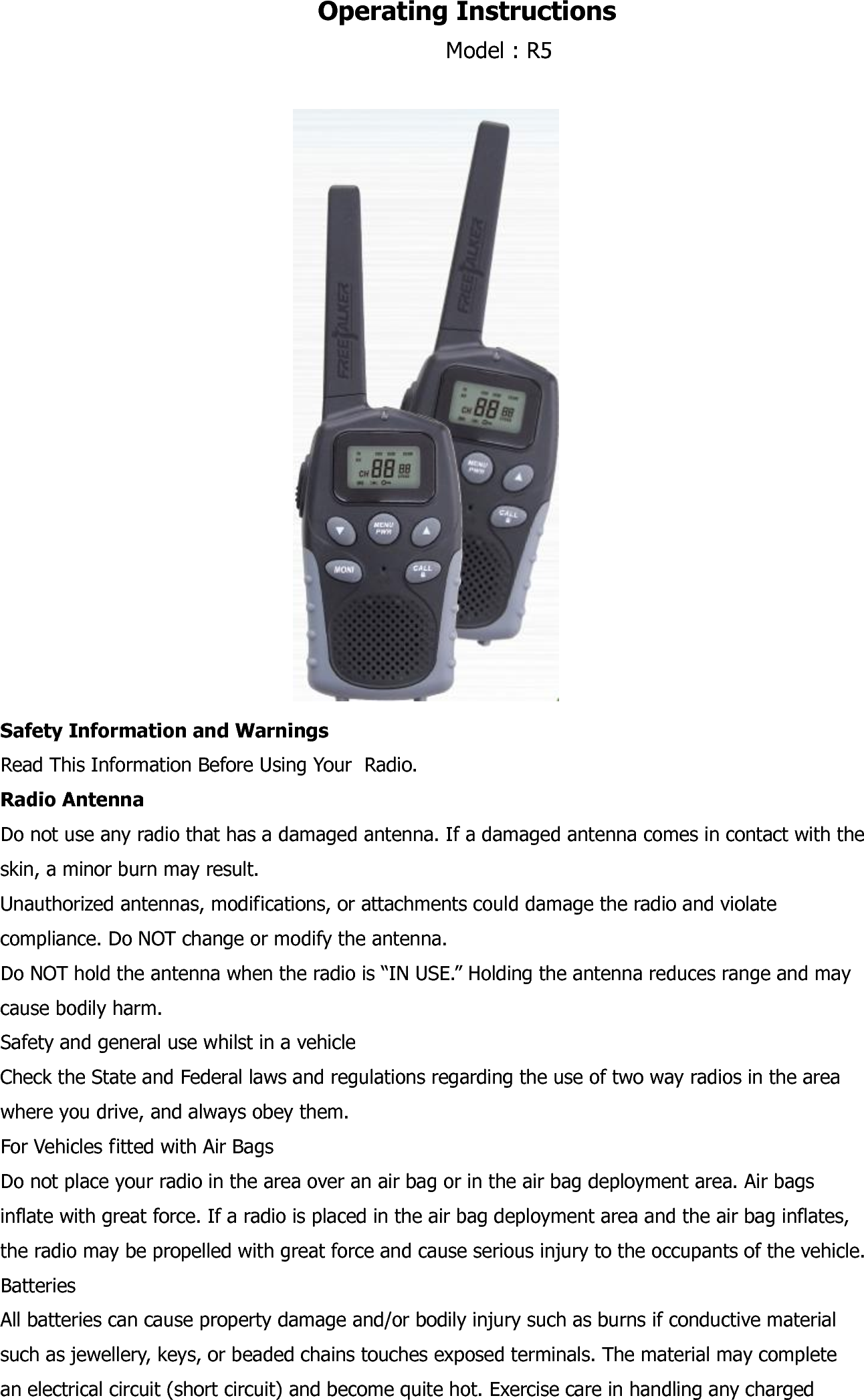 Freetalker Industry R5 Walkie Talkie User Manual Operating Instructions