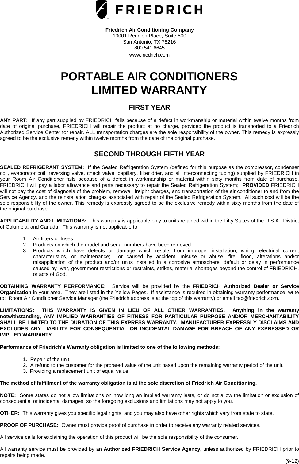 Page 1 of 1 - Friedrich  Current Zone Aire PAC Warranty