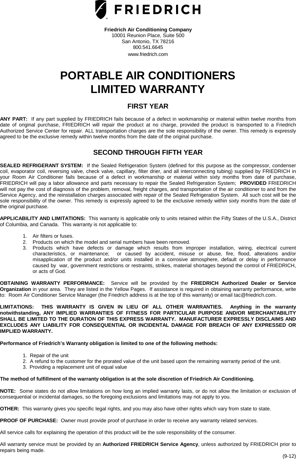 Friedrich Current Zone Aire PAC Warranty