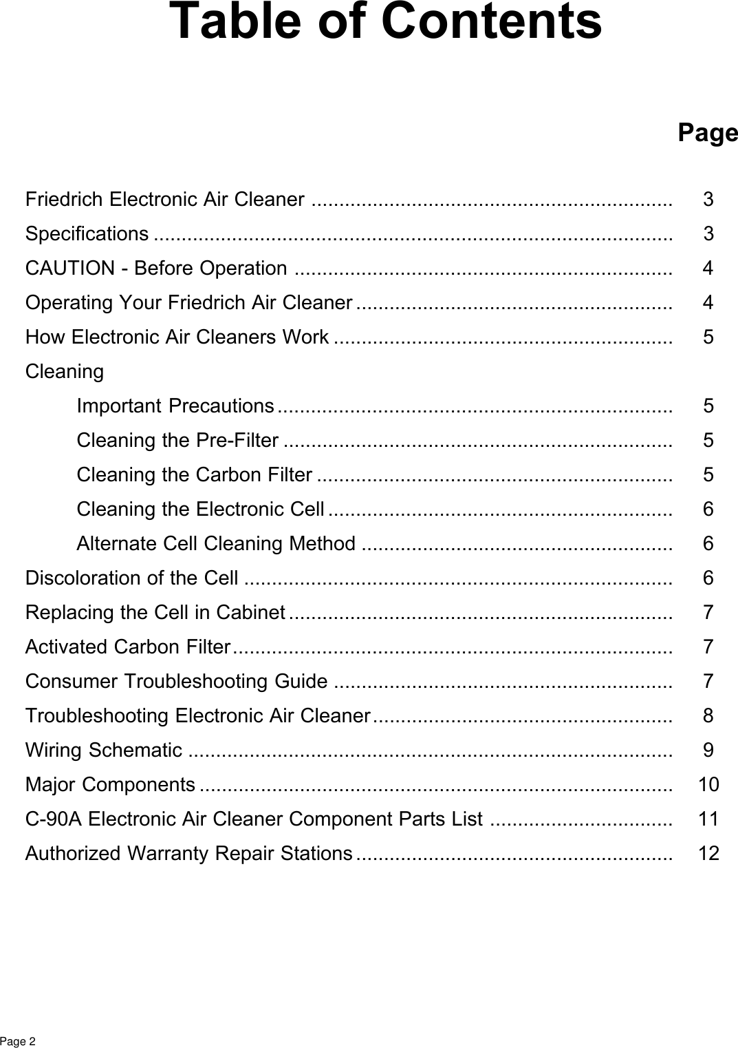 Page 2 of 12 - Friedrich Friedrich-Electronic-Air-Cleaner-C-90A-Users-Manual-  Friedrich-electronic-air-cleaner-c-90a-users-manual