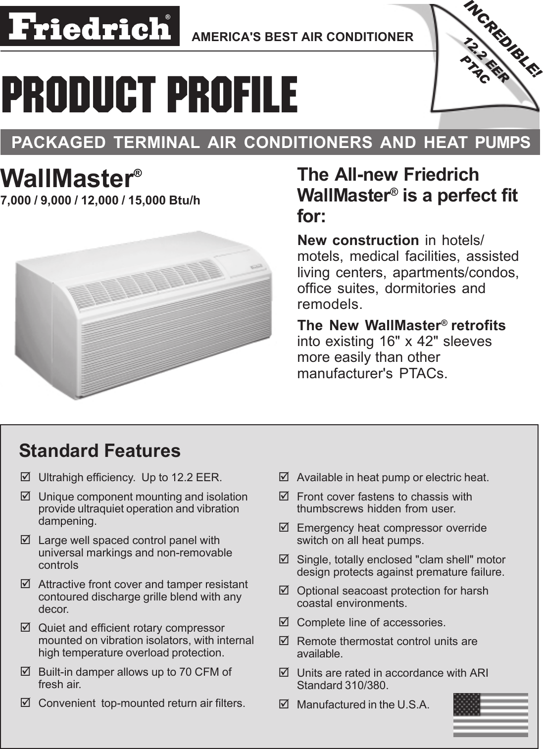 Page 1 of 12 - Friedrich Friedrich-Wallmaster-Packaged-Terminal-Air-Conditioners-And-Heat-Pumps-Users-Manual-  Friedrich-wallmaster-packaged-terminal-air-conditioners-and-heat-pumps-users-manual