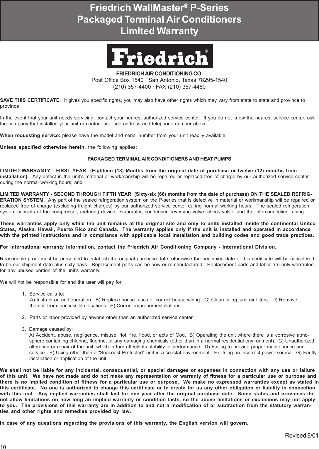 Page 10 of 12 - Friedrich Friedrich-Wallmaster-Packaged-Terminal-Air-Conditioners-And-Heat-Pumps-Users-Manual-  Friedrich-wallmaster-packaged-terminal-air-conditioners-and-heat-pumps-users-manual