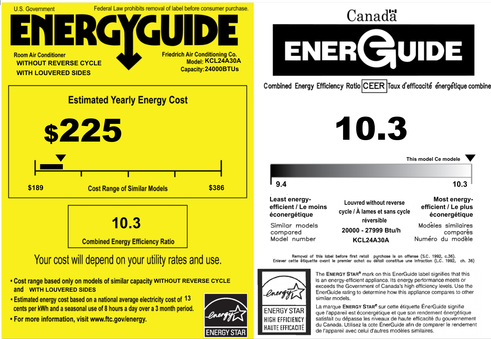 Page 1 of 2 - Friedrich EnergyGuide Energuide Label -- Kuhl KCL24A30A Energy Guide