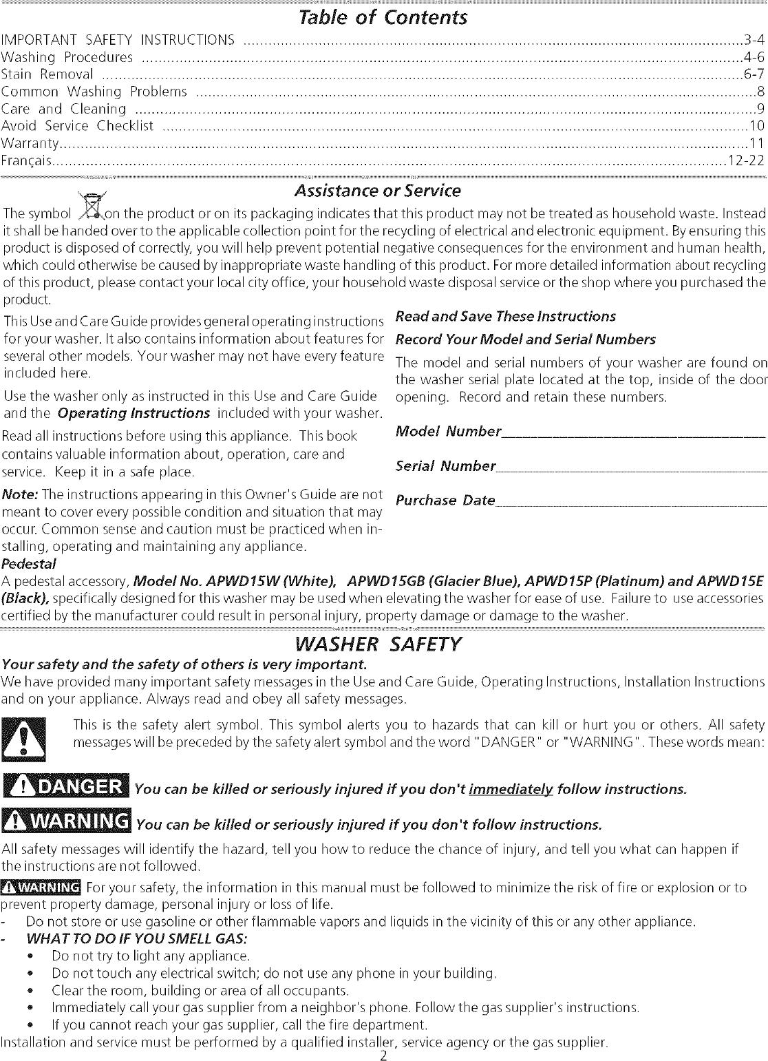 Page 2 of 11 - Frigidaire ATF6700FS2 User Manual WASHER - Manuals And Guides L0712210