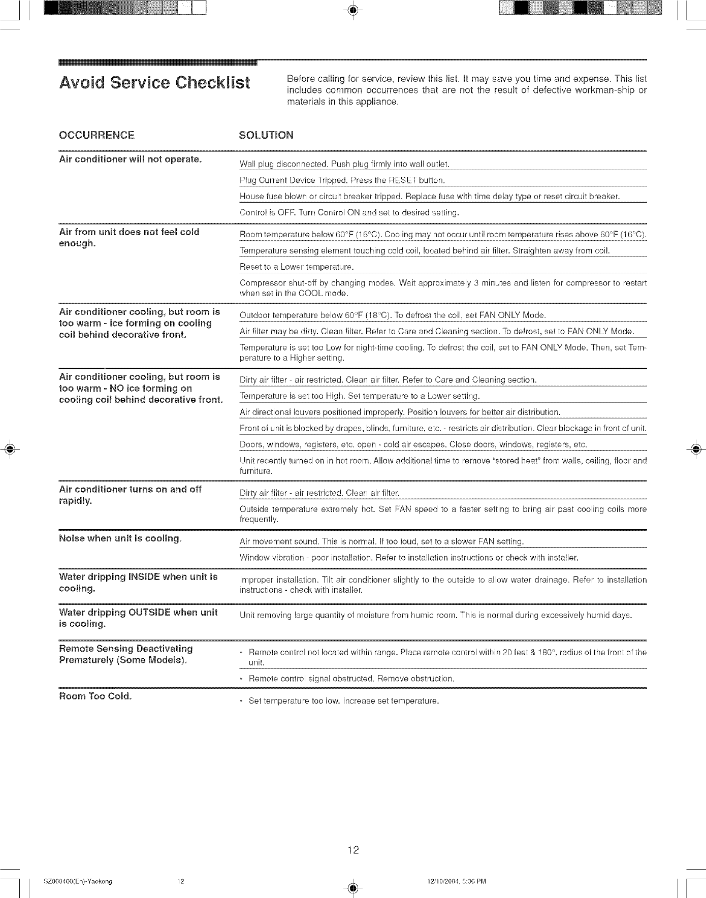 Page 12 of 12 - Frigidaire FAA067P7A1 User Manual  ROOM A/C - Manuals And Guides L0521950