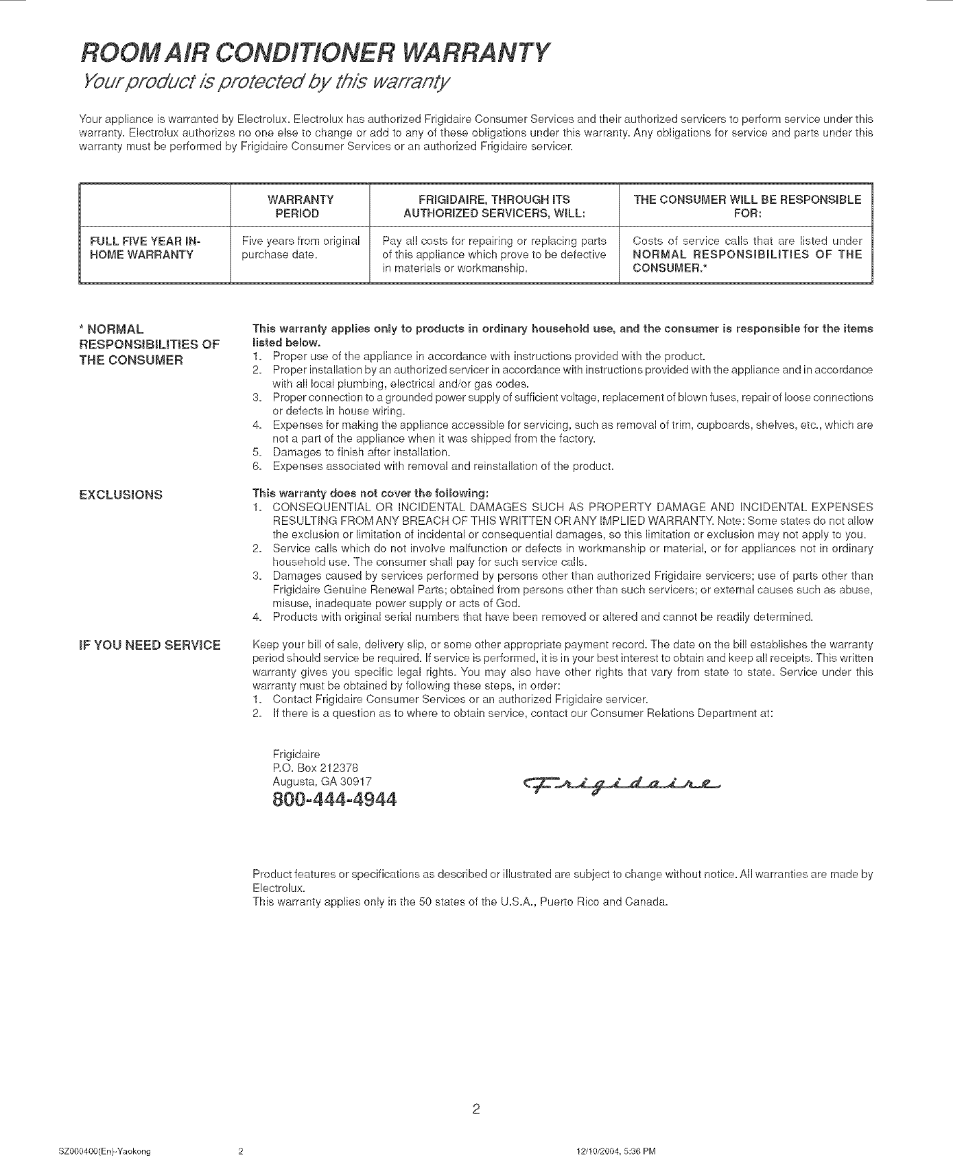 Page 2 of 12 - Frigidaire FAA067P7A1 User Manual  ROOM A/C - Manuals And Guides L0521950