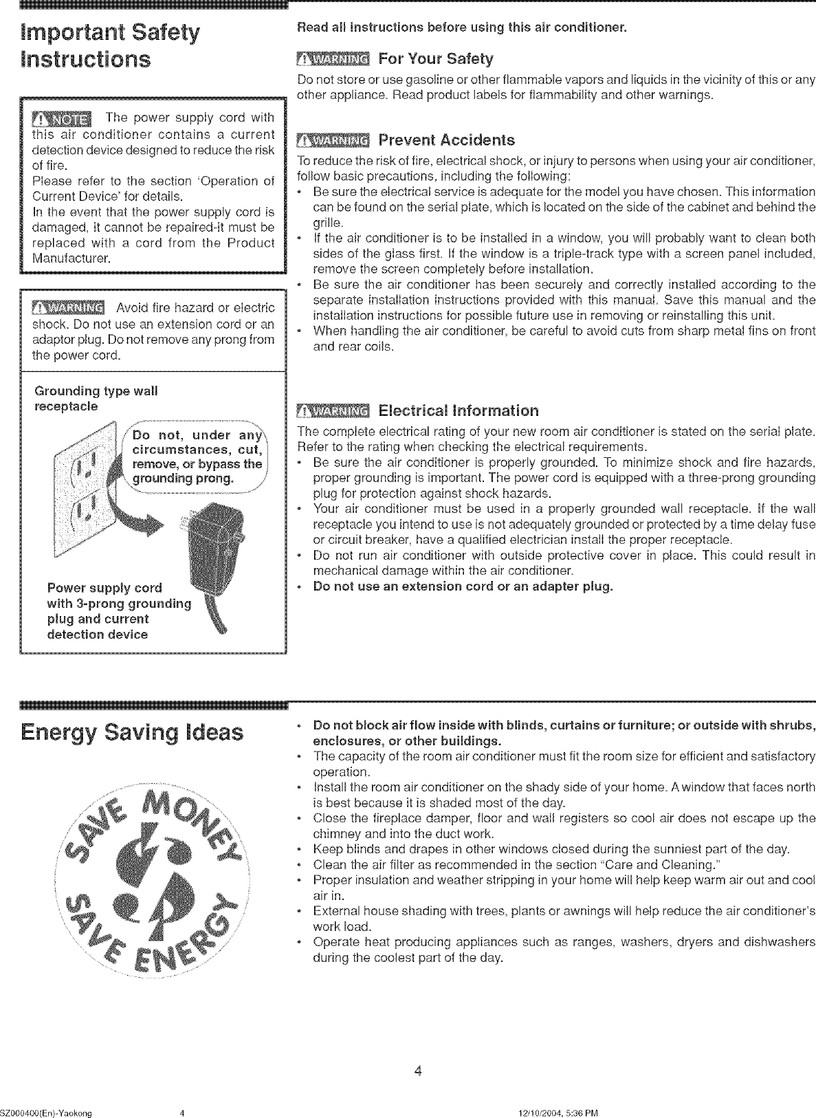 Page 4 of 12 - Frigidaire FAA067P7A1 User Manual  ROOM A/C - Manuals And Guides L0521950
