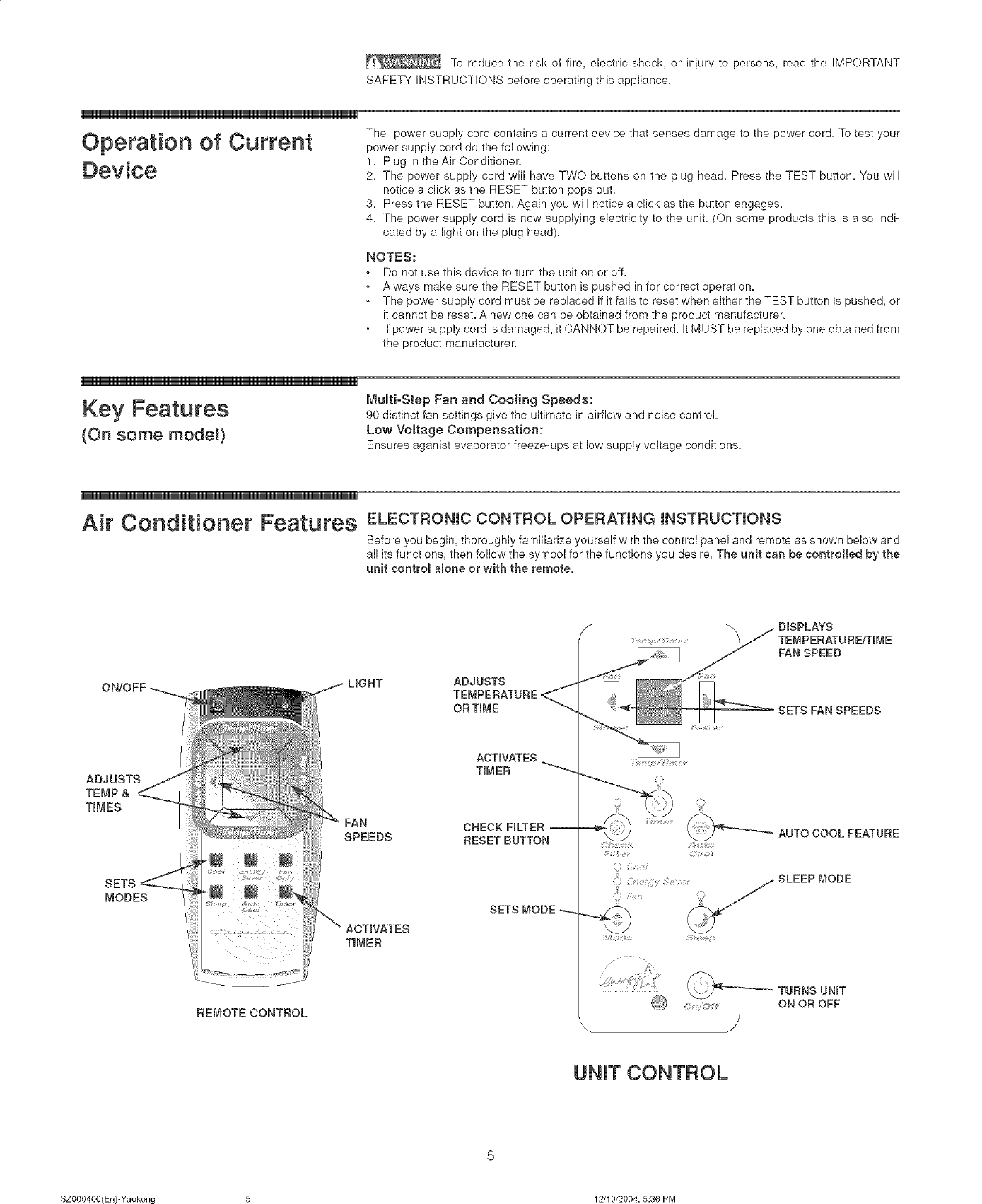 Page 5 of 12 - Frigidaire FAA067P7A1 User Manual  ROOM A/C - Manuals And Guides L0521950