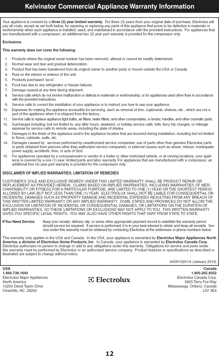 Page 12 of 12 - Frigidaire FCCS071QWA User Manual  COMMERCIAL FREEZER - Manuals And Guides 1410224L