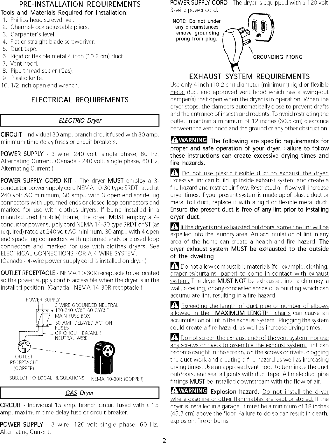 Page 2 of 9 - Frigidaire FDE336RES2 User Manual  FRIGIDAIRE/FS DRYER - P5995326211 Manuals And Guides L0410020