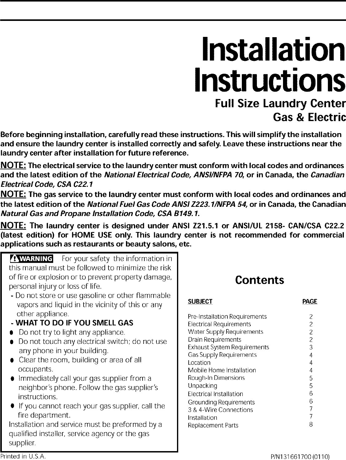 Page 1 of 8 - Frigidaire FEX831CS0 User Manual  LAUNDRY CENTER - Manuals And Guides L0304056