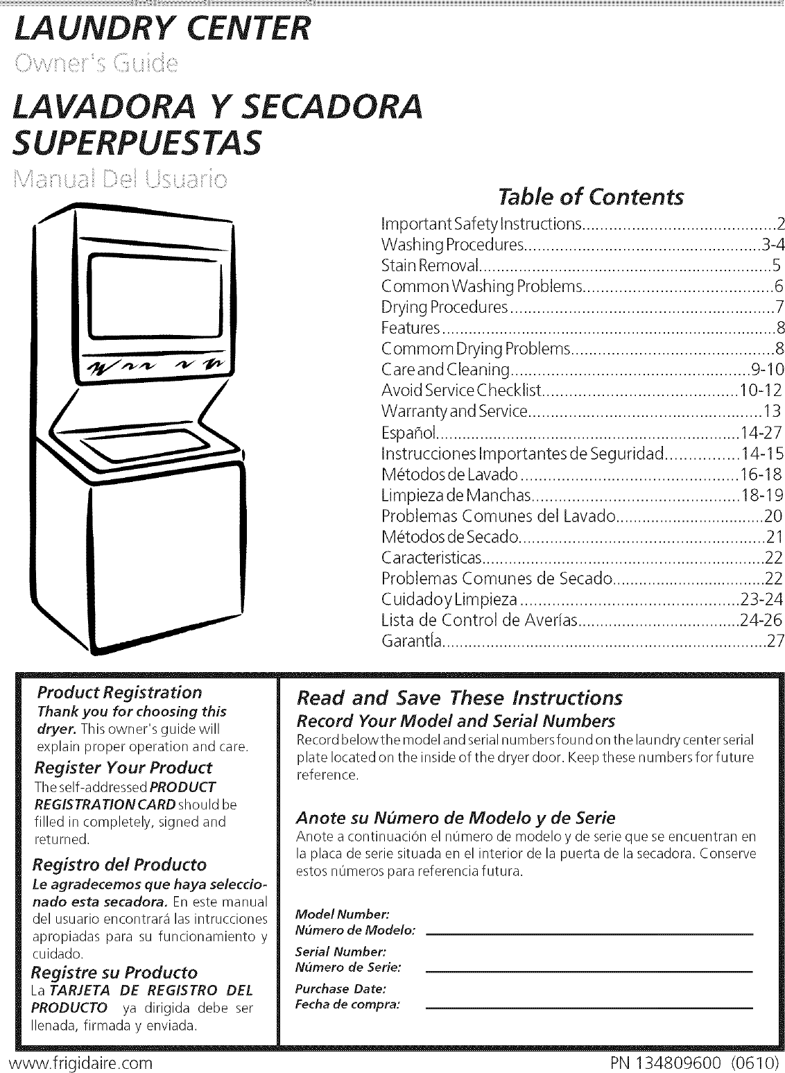 Frigidaire FEX831FS0 User Manual LAUNDRY CENTER Manuals And Guides L0710026