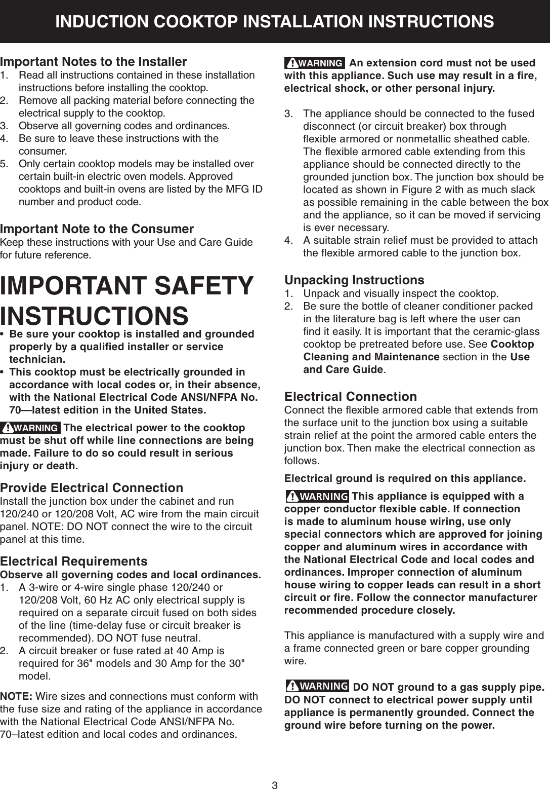 Page 3 of 8 - Frigidaire FFIC3026TBA User Manual ELECTRIC COOKTOP - Manuals And Guides 1711339L