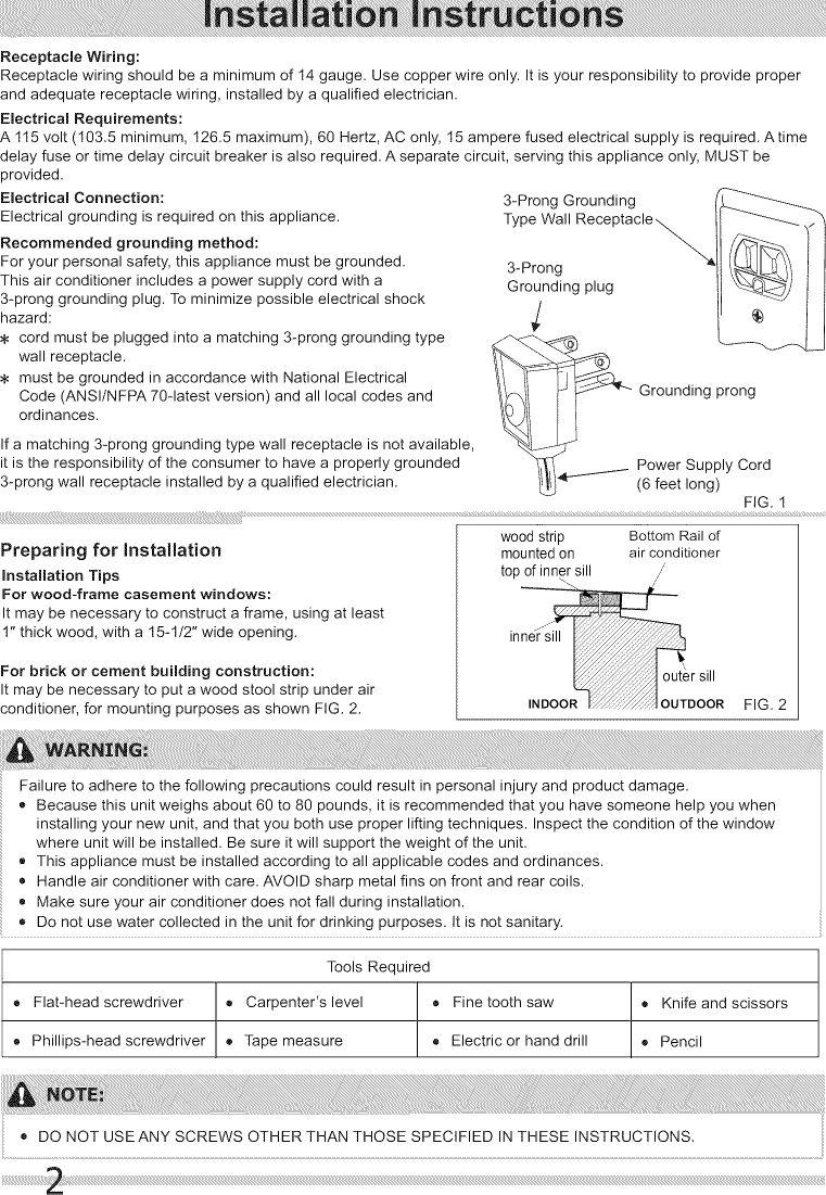 Page 2 of 8 - Frigidaire FFRS0833Q12 User Manual  ROOM AIR CONDITIONER - Manuals And Guides 1409536L