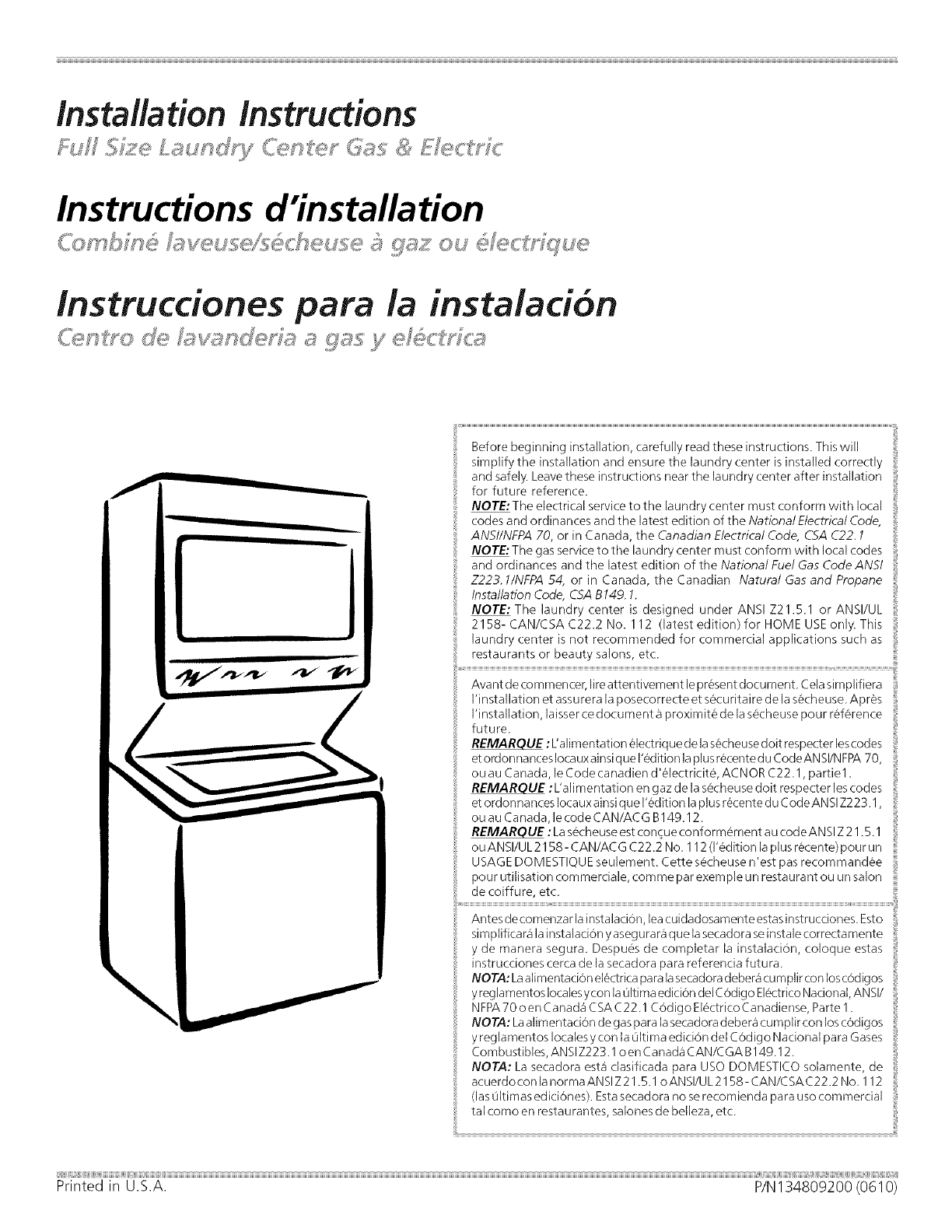 Frigidaire FGX831FS0 User Manual LAUNDRY CENTER Manuals And Guides L0710024