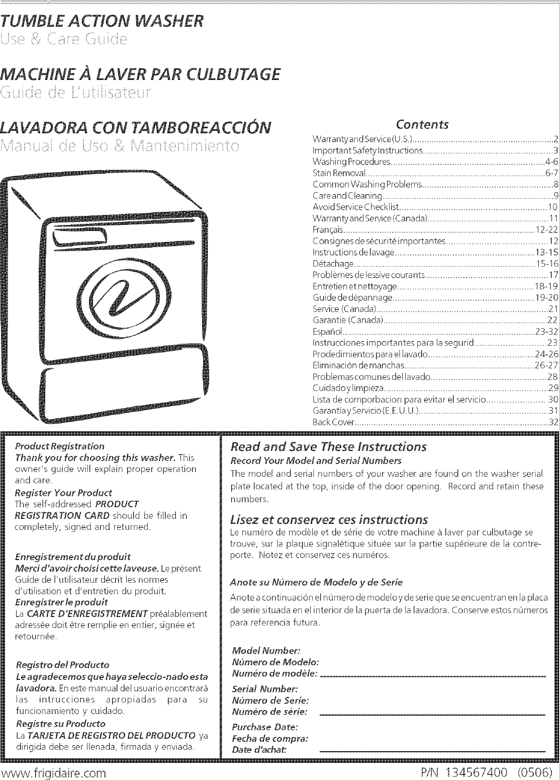 Page 1 of 11 - Frigidaire FTF530ES1 User Manual  WASHER - Manuals And Guides L0520996