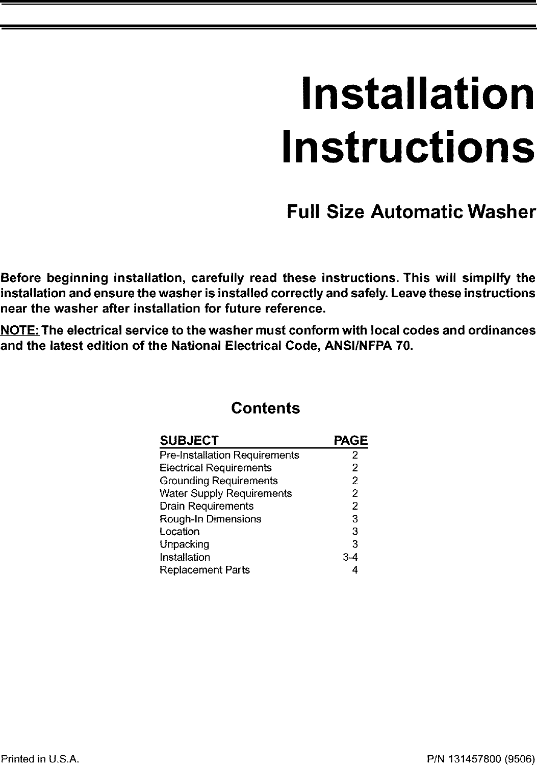 Page 1 of 4 - Frigidaire FWS445RFS4 User Manual  WASHER-FRIGIDAIRE - Manuals And Guides L0304057