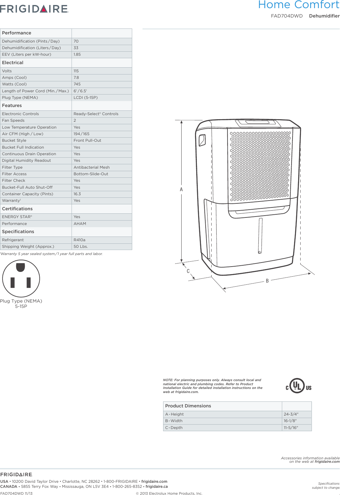 Page 2 of 2 - Frigidaire Frigidaire-Fad704Dwd-Product-Specifications-Sheet-  Frigidaire-fad704dwd-product-specifications-sheet