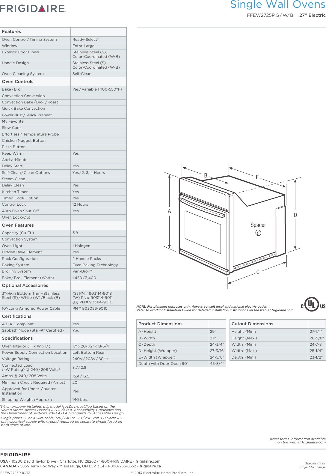 Page 2 of 7 - Frigidaire Frigidaire-Ffew2725Pb-Product-Specifications-Sheet-  Frigidaire-ffew2725pb-product-specifications-sheet