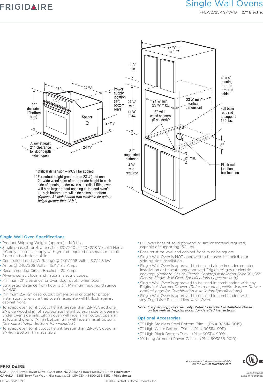 Frigidaire Ffew2725Pb Product Specifications Sheet