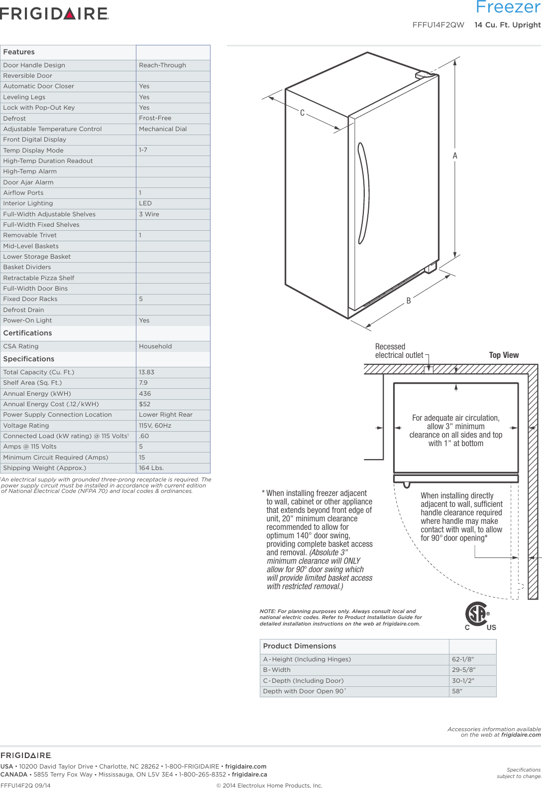 Page 2 of 3 - Frigidaire Frigidaire-Fffu14F2Qw-Product-Specifications-Sheet-  Frigidaire-fffu14f2qw-product-specifications-sheet