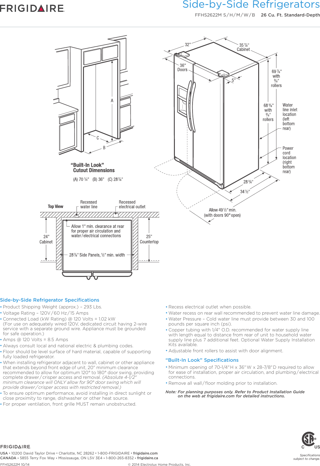 Frigidaire Ffhs2622Mb Product Specifications Sheet