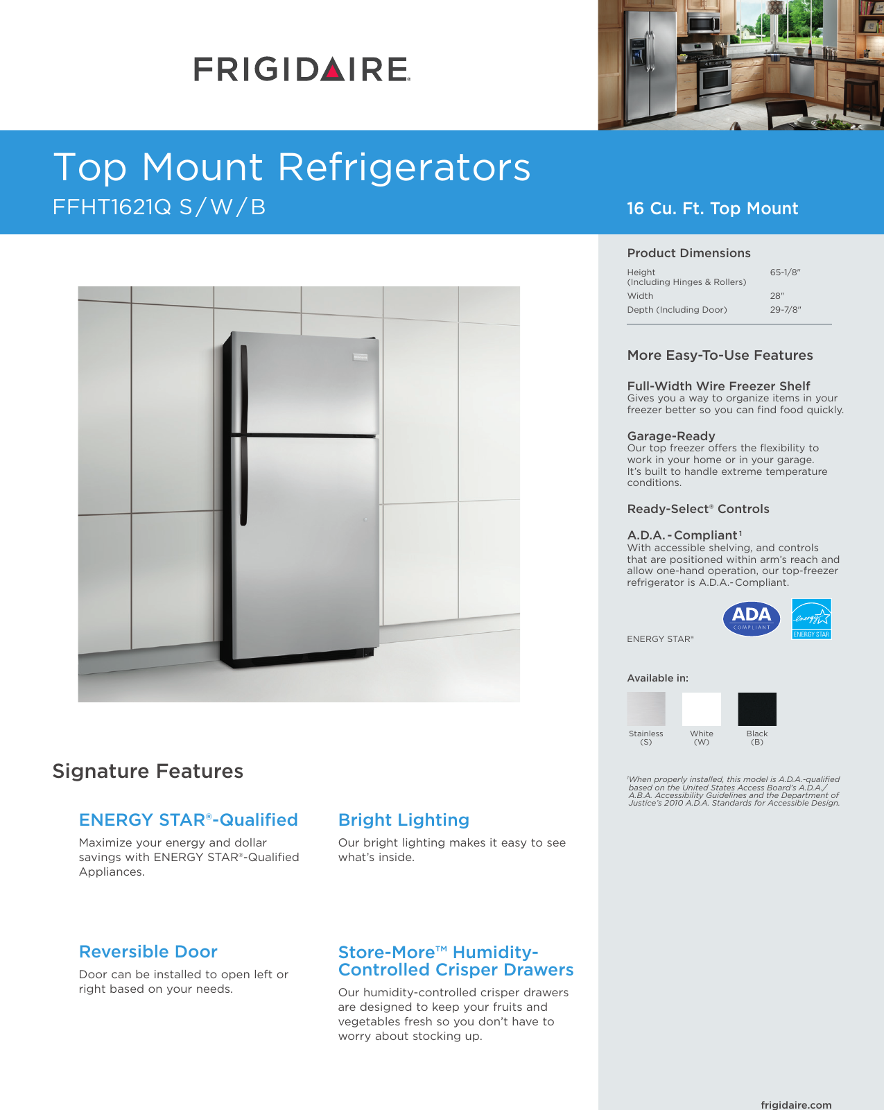 Frigidaire Ffht1621Qb Product Specifications Sheet