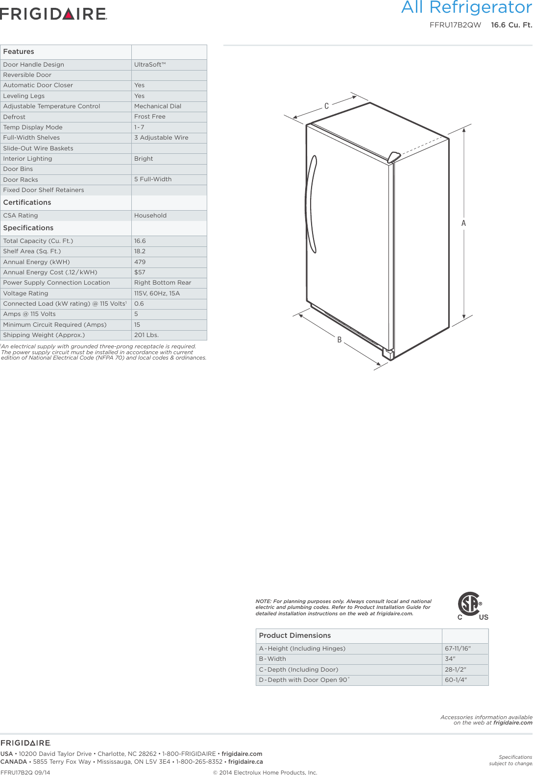 Page 2 of 4 - Frigidaire Frigidaire-Ffru17B2Qw-Product-Specifications-Sheet-  Frigidaire-ffru17b2qw-product-specifications-sheet