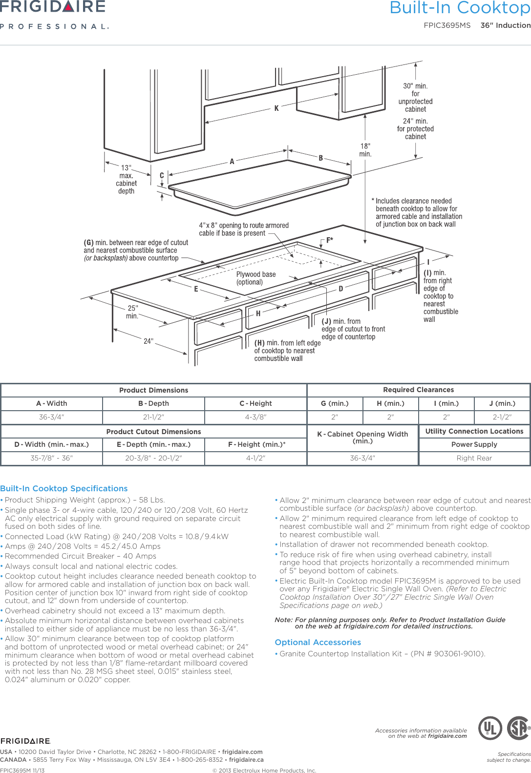 Frigidaire Fpic3695Ms Product Specifications Sheet