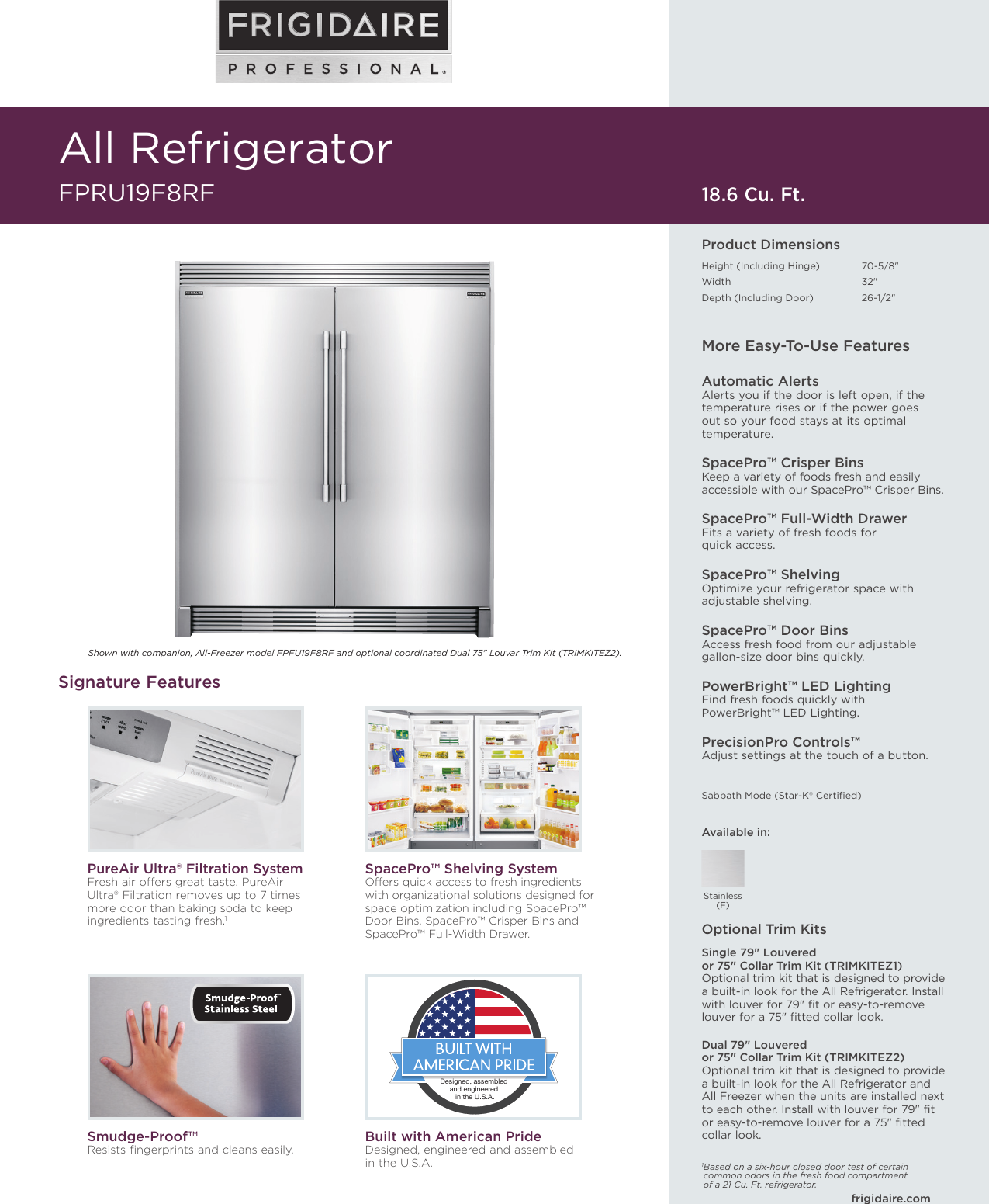 Page 1 of 2 - Frigidaire Frigidaire-Fpru19F8Rf-Product-Specifications-Sheet-  Frigidaire-fpru19f8rf-product-specifications-sheet