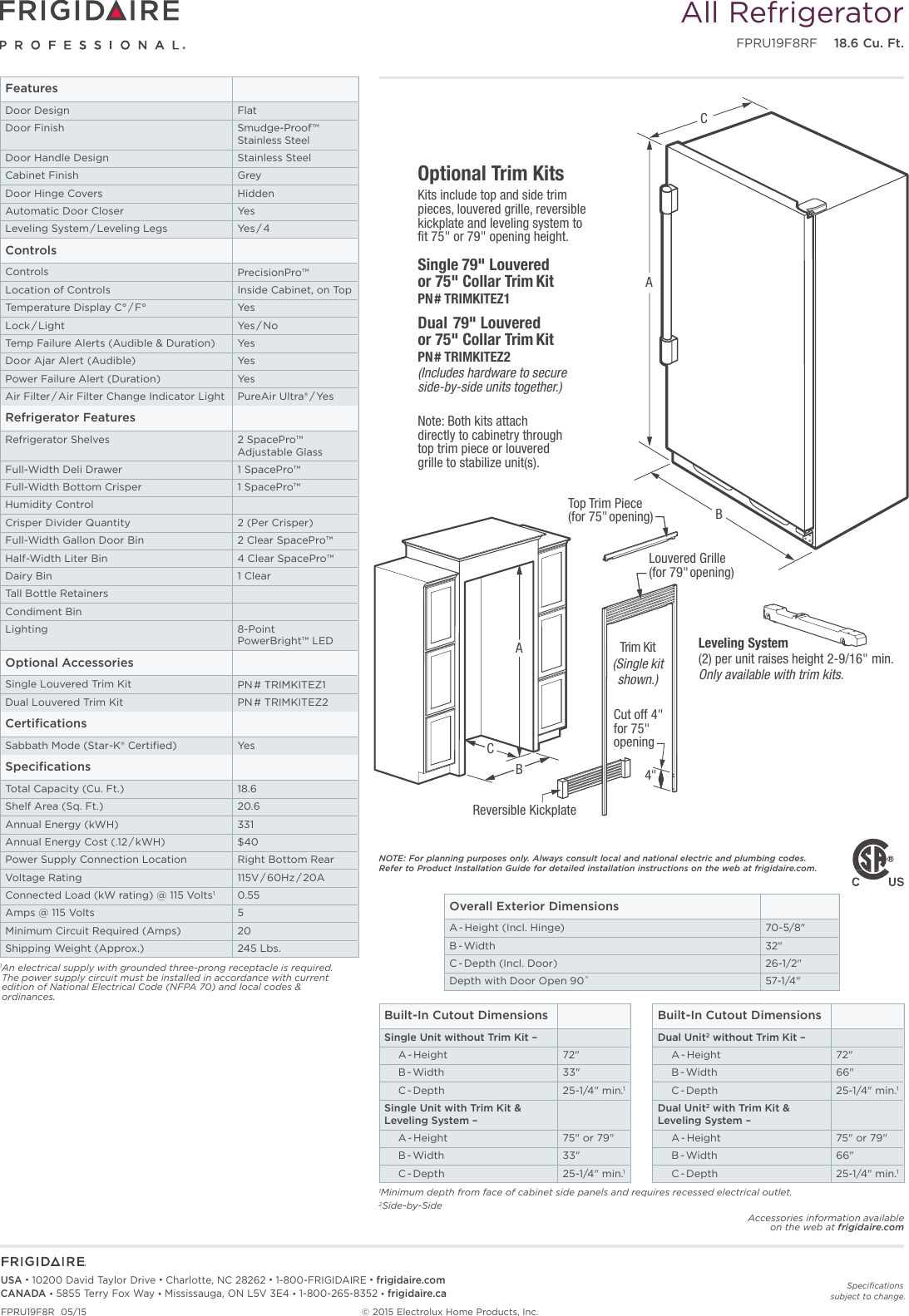 Page 2 of 2 - Frigidaire Frigidaire-Fpru19F8Rf-Product-Specifications-Sheet-  Frigidaire-fpru19f8rf-product-specifications-sheet