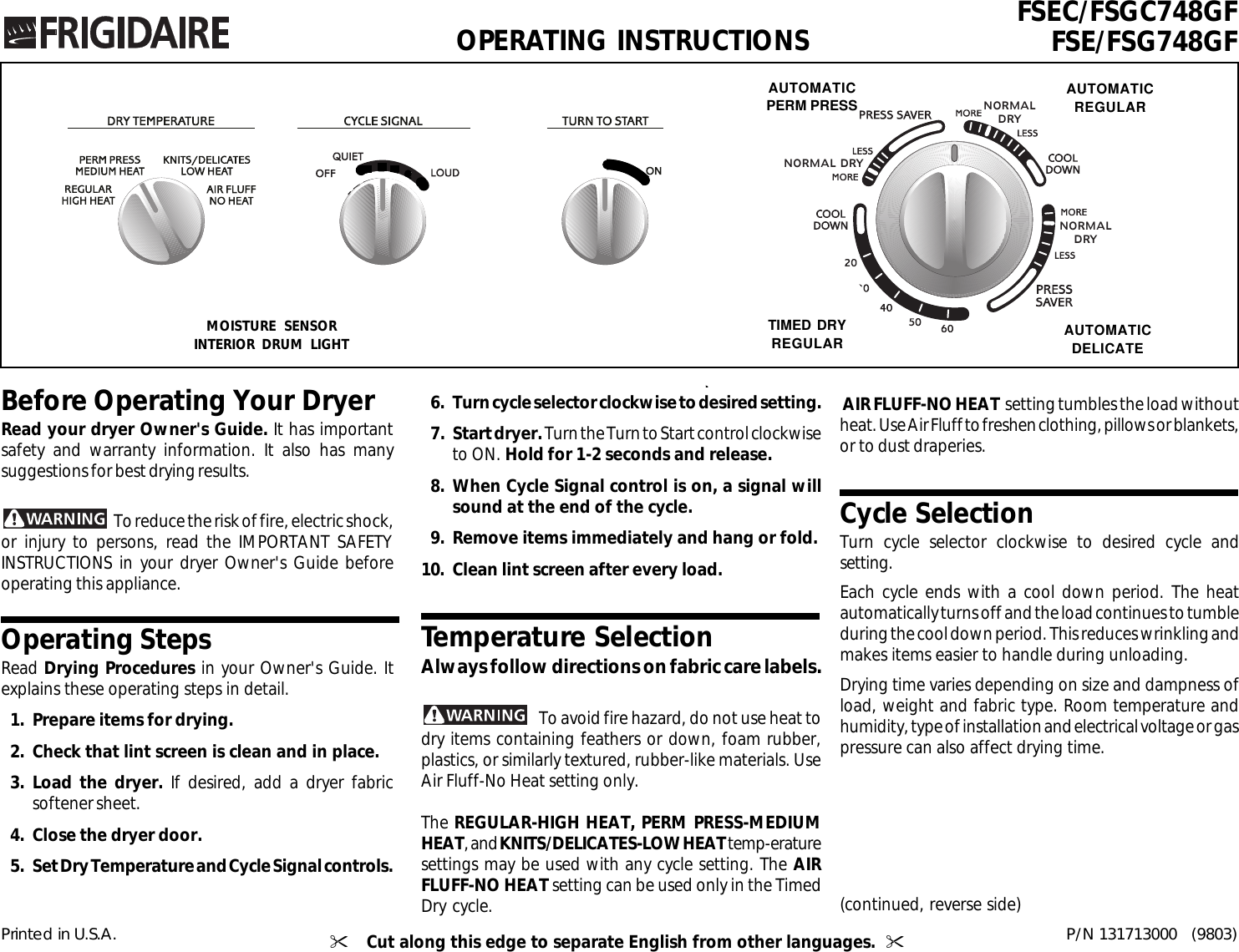 Page 1 of 2 - Frigidaire Frigidaire-Fse-Fsg748Gf-Users-Manual- 7130e  Frigidaire-fse-fsg748gf-users-manual