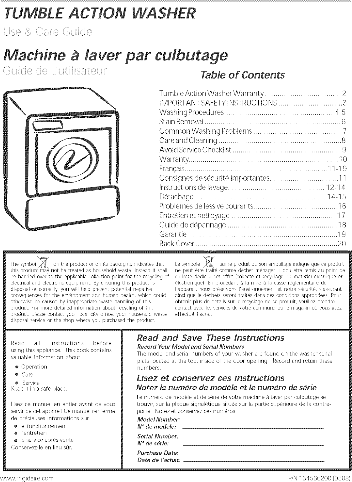 Page 1 of 10 - Frigidaire GLTF2940ES1 User Manual  WASHER - Manuals And Guides L0520593