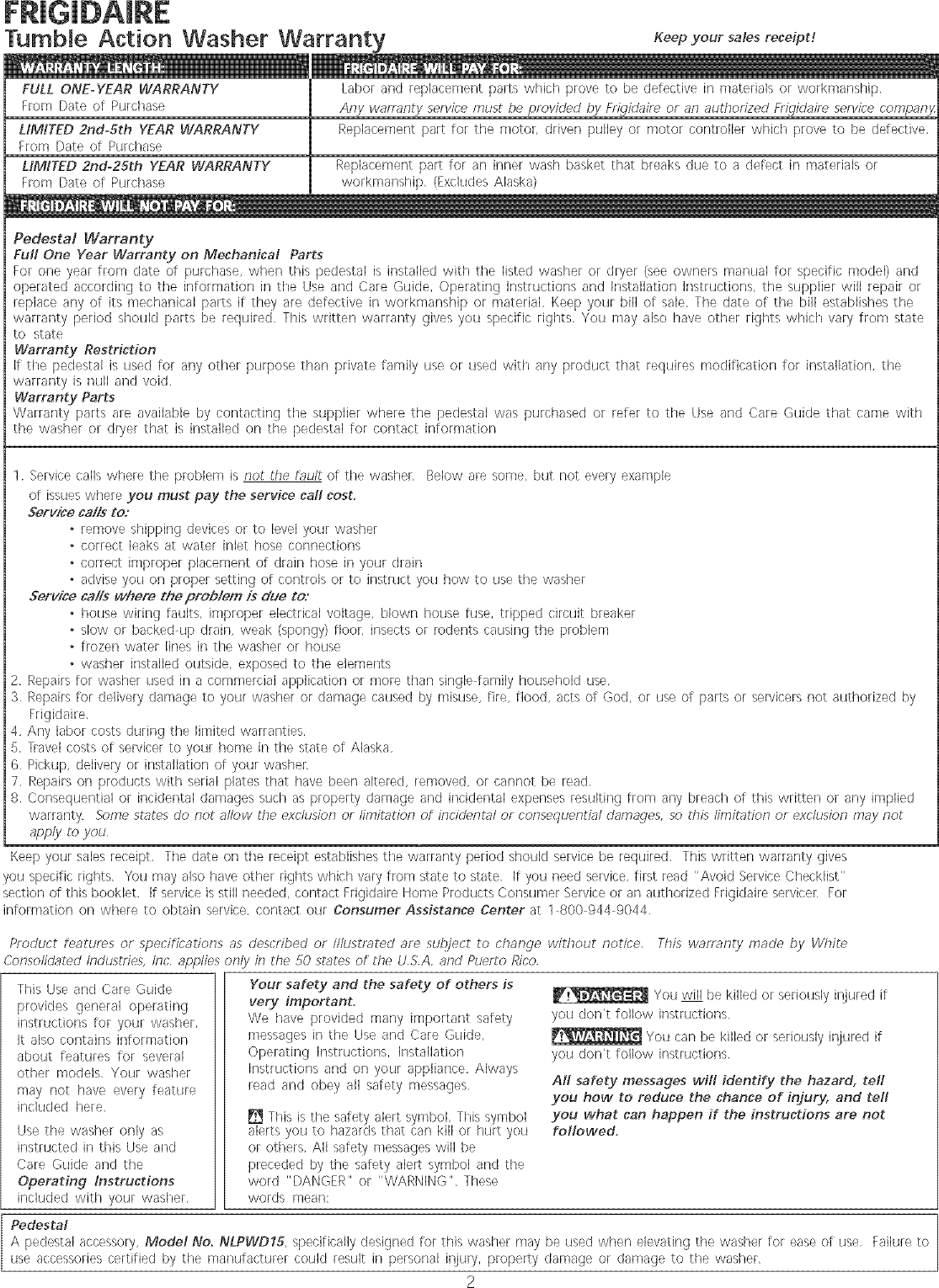 Page 2 of 10 - Frigidaire GLTF2940ES1 User Manual  WASHER - Manuals And Guides L0520593