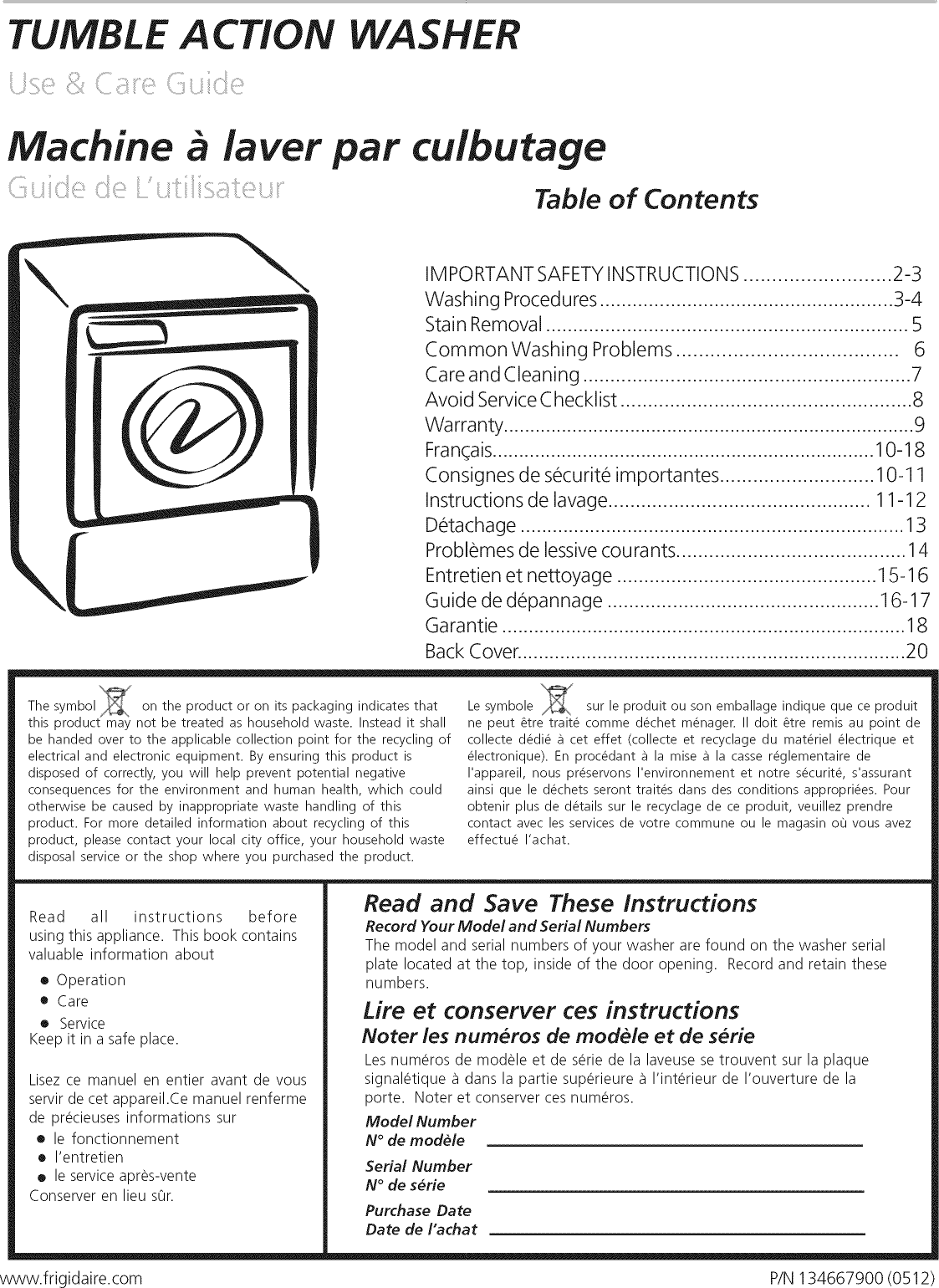 Page 1 of 9 - Frigidaire GLTF2940ES2 User Manual  WASHER - Manuals And Guides L0904764