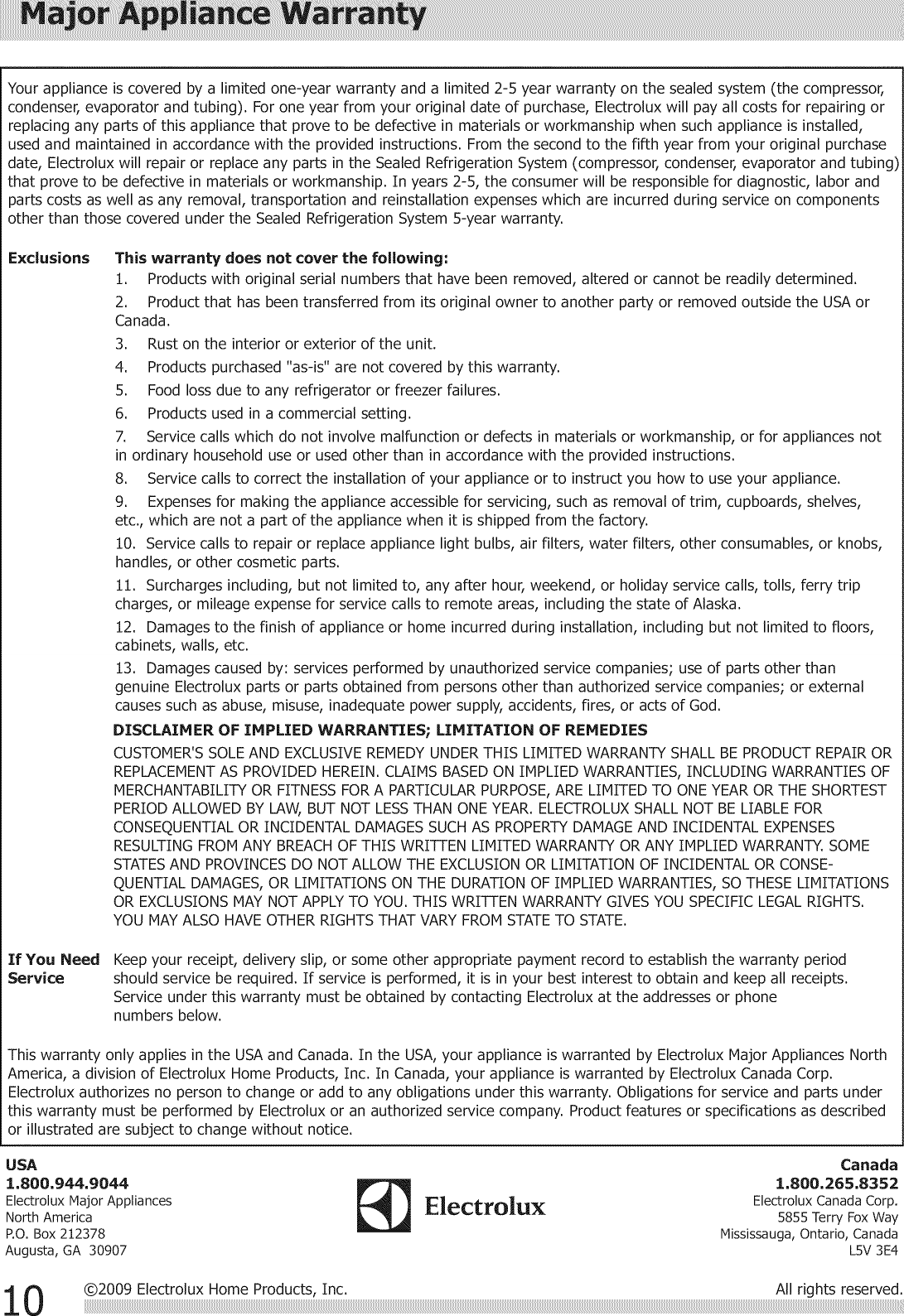 Page 10 of 10 - Frigidaire LAD304NUL10 User Manual  DEHUMIDIFIER - Manuals And Guides 1206125L