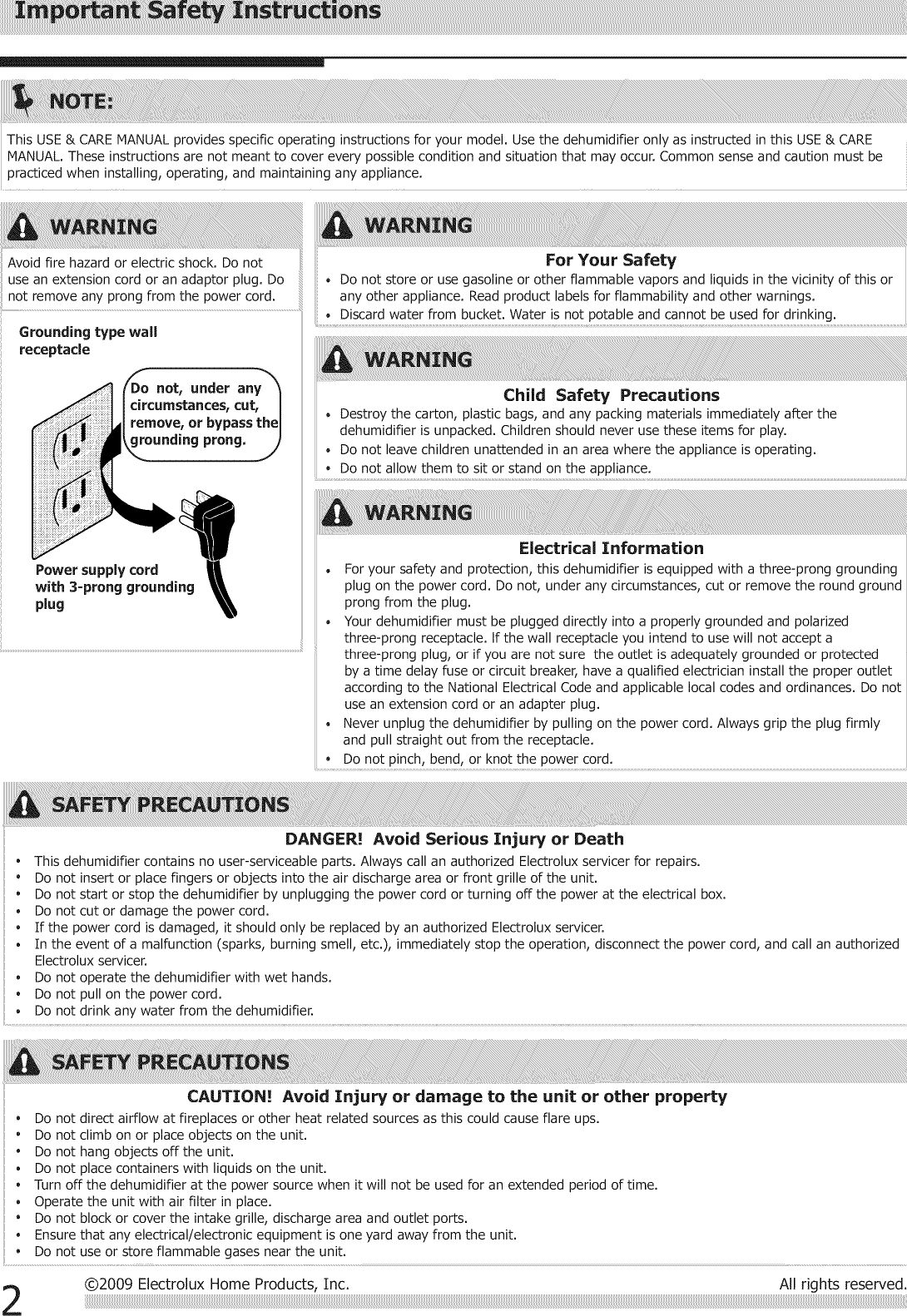 Page 2 of 10 - Frigidaire LAD304NUL10 User Manual  DEHUMIDIFIER - Manuals And Guides 1206125L