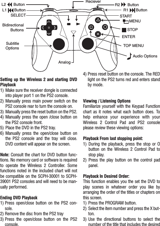 Setting up the Wireless 2 and starting DVDPlayback 1) Make sure the receiver dongle is connectedinto player port 1 on the PS2 console.2) Manually press main power switch on thePS2 console rear to turn the console on.3) Manually press the reset button on the PS2.4) Manually press the open /close button onthe PS2 console front.5) Place the DVD in the PS2 tray.6) Manually press the open/close button onthe PS2 console and the tray will close.DVD content will appear on the screen.Note: Consult the chart for DVD button func-tions. No memory card or software is requiredto operate the Wireless 2 Controller. Somefunctions noted in the included chart will notbe compatible on the SCPH-30001 to SCPH-39001 PS2 consoles and will need to be man-ually performed.Ending DVD Playback1) Press open/close button on the PS2 con-sole.2) Remove the disc from the PS2 tray3) Press the open/close button on the PS2console.4) Press reset button on the console. The REDlight on the PS2 turns red and enters standby mode. Viewing / Listening OptionsFamiliarize yourself with the Keypad Functionchart as it notes what each button does. Tohelp enhance your experience with yourWireless 2 Control Pad and PS2 consoleplease review these viewing options:Playback From last stopping point:1) During the playback, press the stop or Obutton on the Wireless 2 Control Pad tostop play.2) Press the play button on the control padpanel.Playback In Desired Order:This function enables you the set the DVD toplay scenes in whatever order you like byarranging the order of the titles or chapters onthis screen. 1) Press the PROGRAM button.2) Select the item number and press the X but-ton.3) Use the directional buttons to select thenumber of the title that includes the desiredL2       ButtonL1       ButtonSELECTBidirectionalButtonsSubtitleOptionsAnalogReciever R2       ButtonR1       ButtonSTARTMENUSTOPENTERTOP MENUAudio Options