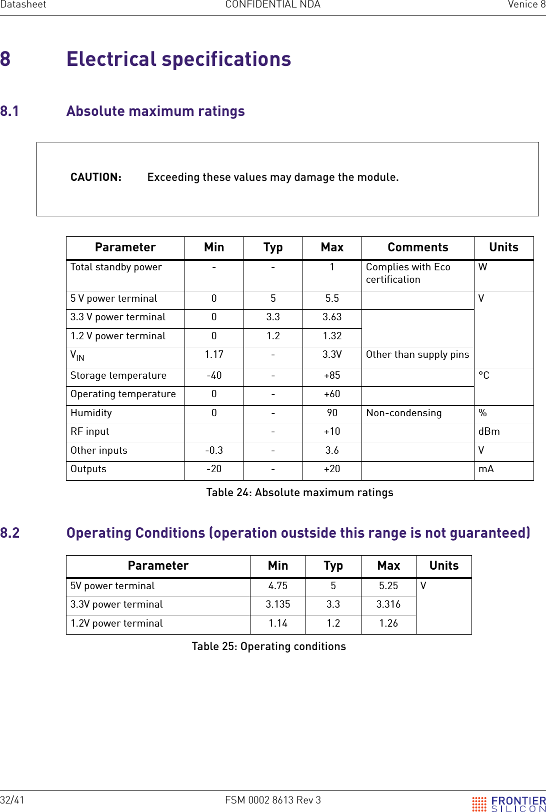 32/41 FSM 0002 8613 Rev 3Datasheet CONFIDENTIAL NDA Venice 88 Electrical specifications8.1  Absolute maximum ratings 8.2  Operating Conditions (operation oustside this range is not guaranteed)CAUTION: Exceeding these values may damage the module.Parameter Min Typ Max Comments UnitsTotal standby power - - 1 Complies with Eco certificationW5 V power terminal 0 5 5.5 V3.3 V power terminal 0 3.3 3.631.2 V power terminal 0 1.2 1.32VIN 1.17 - 3.3V Other than supply pinsStorage temperature -40 - +85 &deg;COperating temperature 0 - +60Humidity 0 - 90 Non-condensing %RF input - +10 dBmOther inputs -0.3 - 3.6 VOutputs -20 - +20 mATable 24: Absolute maximum ratingsParameter Min Typ Max Units5V power terminal 4.75 5 5.25 V3.3V power terminal 3.135 3.3 3.3161.2V power terminal 1.14 1.2 1.26Table 25: Operating conditions