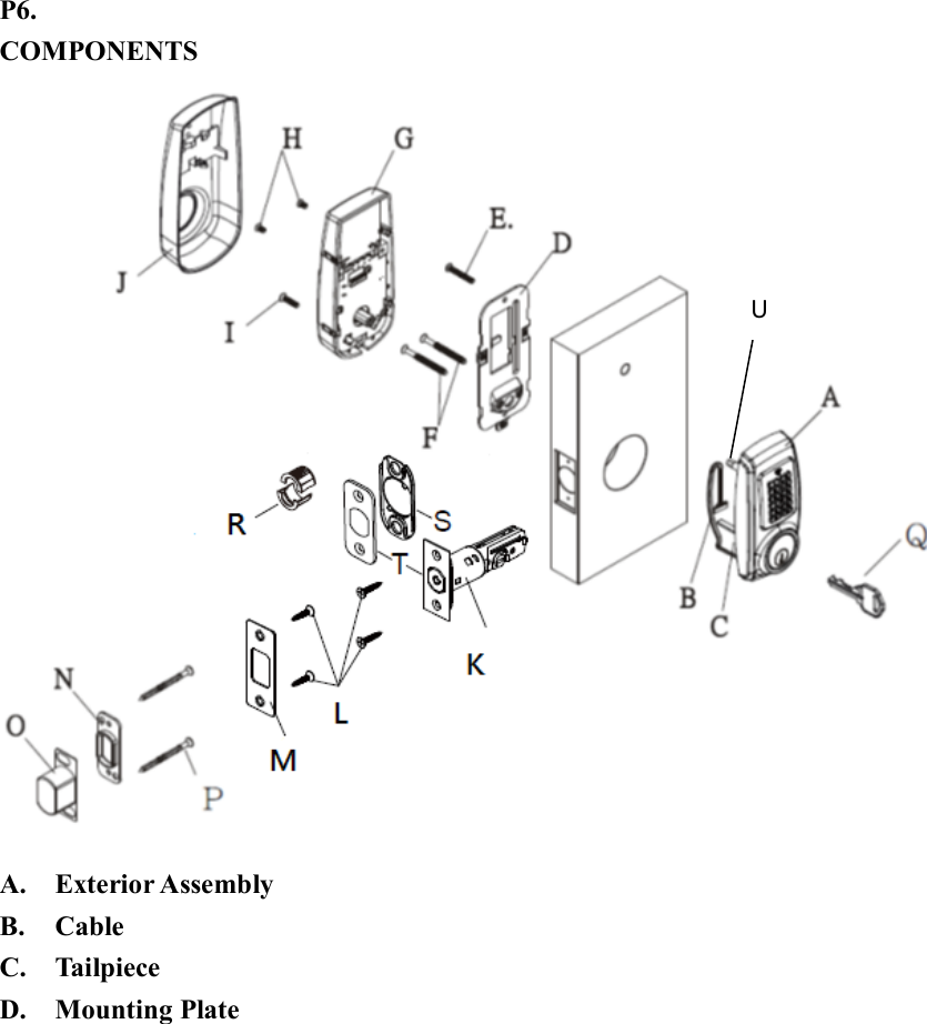 P6.   COMPONENTS  A. Exterior Assembly B. Cable C. Tailpiece D. Mounting Plate              U 