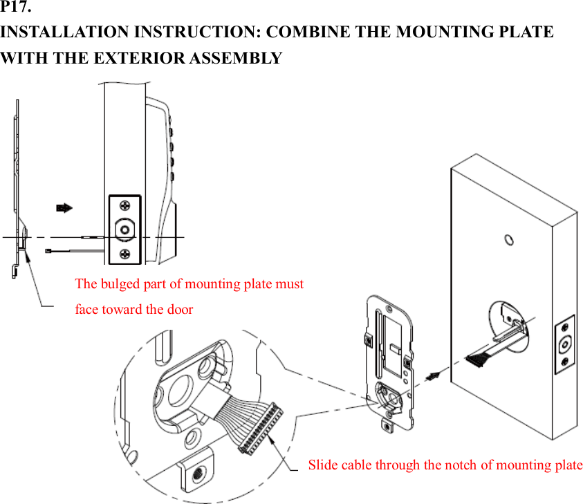 P17. INSTALLATION INSTRUCTION: COMBINE THE MOUNTING PLATE WITH THE EXTERIOR ASSEMBLY                    The bulged part of mounting plate must face toward the door Slide cable through the notch of mounting plate  