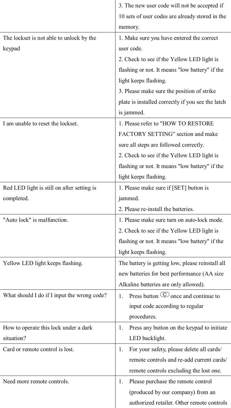 3. The new user code will not be accepted if 10 sets of user codes are already stored in the memory. The lockset is not able to unlock by the keypad 1. Make sure you have entered the correct user code. 2. Check to see if the Yellow LED light is flashing or not. It means &quot;low battery&quot; if the light keeps flashing. 3. Please make sure the position of strike plate is installed correctly if you see the latch is jammed. I am unable to reset the lockset. 1. Please refer to &quot;HOW TO RESTORE FACTORY SETTING” section and make sure all steps are followed correctly. 2. Check to see if the Yellow LED light is flashing or not. It means &quot;low battery&quot; if the light keeps flashing. Red LED light is still on after setting is completed. 1. Please make sure if [SET] button is jammed. 2. Please re-install the batteries. &quot;Auto lock&quot; is malfunction. 1. Please make sure turn on auto-lock mode. 2. Check to see if the Yellow LED light is flashing or not. It means &quot;low battery&quot; if the light keeps flashing. Yellow LED light keeps flashing. The battery is getting low, please reinstall all new batteries for best performance (AA size Alkaline batteries are only allowed). What should I do if I input the wrong code? 1. Press button once and continue to input code according to regular procedures. How to operate this lock under a dark situation? 1. Press any button on the keypad to initiate LED backlight. Card or remote control is lost.  1. For your safety, please delete all cards/ remote controls and re-add current cards/ remote controls excluding the lost one. Need more remote controls.  1. Please purchase the remote control (produced by our company) from an authorized retailer. Other remote controls 