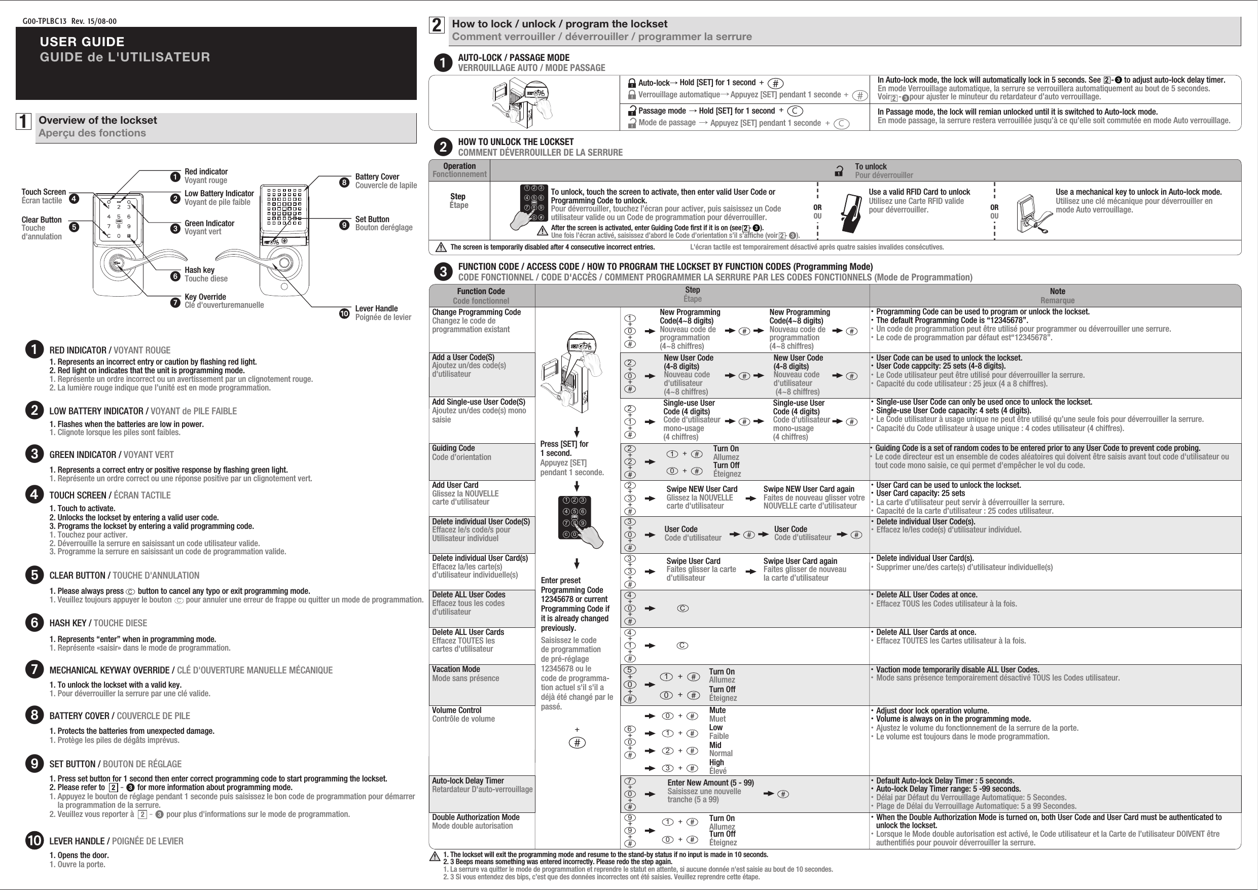 G00-TPLBC13  Rev. 15/08-00USER GUIDEGUIDE de L&apos;UTILISATEUR1Overview of the locksetAperçu des fonctionsKey OverrideClé d&apos;ouverturemanuelleRed indicatorVoyant rougeLow Battery IndicatorVoyant de pile faibleGreen IndicatorVoyant vertHash keyTouche dieseClear ButtonTouche d&apos;annulationTouch ScreenÉcran tactile12367452How to lock / unlock / program the locksetComment verrouiller / déverrouiller / programmer la serrure2LOW BATTERY INDICATOR / VOYANT de PILE FAIBLE1. Flashes when the batteries are low in power.       1. Clignote lorsque les piles sont faibles.1RED INDICATOR / VOYANT ROUGE1. Represents an incorrect entry or caution by ﬂashing red light.2. Red light on indicates that the unit is programming mode.        1. Représente un ordre incorrect ou un avertissement par un clignotement rouge.2. La lumière rouge indique que l’unité est en mode programmation.1. Represents “enter” when in programming mode. 1. Représente «saisir» dans le mode de programmation.6HASH KEY / TOUCHE DIESE1. To unlock the lockset with a valid key.1. Pour déverrouiller la serrure par une clé valide.7MECHANICAL KEYWAY OVERRIDE / CLÉ D&apos;OUVERTURE MANUELLE MÉCANIQUE1. Protects the batteries from unexpected damage.       1. Protège les piles de dégâts imprévus. 8BATTERY COVER / COUVERCLE DE PILE23-1. Press set button for 1 second then enter correct programming code to start programming the lockset.2. Please refer to                for more information about programming mode.1. Appuyez le bouton de réglage pendant 1 seconde puis saisissez le bon code de programmation pour démarrer         la programmation de la serrure.2. Veuillez vous reporter à                pour plus d&apos;informations sur le mode de programmation.SET BUTTON / BOUTON DE RÉGLAGE23-91. Opens the door.       1. Ouvre la porte.LEVER HANDLE / POIGNÉE DE LEVIERC1. Please always press       button to cancel any typo or exit programming mode.         1. Veuillez toujours appuyer le bouton       pour annuler une erreur de frappe ou quitter un mode de programmation.5CLEAR BUTTON / TOUCHE D&apos;ANNULATIONC1. Represents a correct entry or positive response by ﬂashing green light.          1. Représente un ordre correct ou une réponse positive par un clignotement vert.3GREEN INDICATOR / VOYANT VERTLever HandlePoignée de levier8Battery CoverCouvercle de lapile9Set ButtonBouton deréglageCARD1. Touch to activate. 2. Unlocks the lockset by entering a valid user code.3. Programs the lockset by entering a valid programming code.              1. Touchez pour activer.2. Déverrouille la serrure en saisissant un code utilisateur valide.3. Programme la serrure en saisissant un code de programmation valide.4TOUCH SCREEN / ÉCRAN TACTILE1AUTO-LOCK / PASSAGE MODEVERROUILLAGE AUTO / MODE PASSAGE → ＋ＣHold [SET] for 1 second Passage mode＋ＣAppuyez [SET] pendant 1 seconde → Mode de passage＋Appuyez [SET] pendant 1 seconde → Verrouillage automatique＋ → Hold [SET] for 1 second Auto-lockIn Passage mode, the lock will remian unlocked until it is switched to Auto-lock mode.En mode passage, la serrure restera verrouillée jusqu’à ce qu’elle soit commutée en mode Auto verrouillage.In Auto-lock mode, the lock will automatically lock in 5 seconds. See     -     to adjust auto-lock delay timer.En mode Verrouillage automatique, la serrure se verrouillera automatiquement au bout de 5 secondes. Voir    -    pour ajuster le minuteur du retardateur d’auto verrouillage.23233FUNCTION CODE / ACCESS CODE / HOW TO PROGRAM THE LOCKSET BY FUNCTION CODES (Programming Mode)CODE FONCTIONNEL / CODE D&apos;ACCÈS / COMMENT PROGRAMMER LA SERRURE PAR LES CODES FONCTIONNELS (Mode de Programmation)Change Programming CodeChangez le code de programmation existantAdd User CardGlissez la NOUVELLE carte d&apos;utilisateur・Guiding Code is a set of random codes to be entered prior to any User Code to prevent code probing.・Le code directeur est un ensemble de codes aléatoires qui doivent être saisis avant tout code d&apos;utilisateur ou     tout code mono saisie, ce qui permet d&apos;empêcher le vol du code.Delete individual User Code(S)Effacez le/s code/s pour Utilisateur individuelNew Programming Code(4~8 digits)Nouveau code deprogrammation (4~8 chiffres)New Programming Code(4~8 digits)Nouveau code deprogrammation (4~8 chiffres)0＋＋12＋＋2Turn OnAllumezTurn OffÉteignez0＋1＋3＋＋2Swipe NEW User CardGlissez la NOUVELLE carte d&apos;utilisateur Swipe NEW User Card againFaites de nouveau glisser votre NOUVELLE carte d’utilisateur ・User Card can be used to unlock the lockset.・User Card capacity: 25 sets・La carte d’utilisateur peut servir à déverrouiller la serrure.・Capacité de la carte d’utilisateur : 25 codes utilisateur.・Single-use User Code can only be used once to unlock the lockset.・Single-use User Code capacity: 4 sets (4 digits).  ・Le Code utilisateur à usage unique ne peut être utilisé qu’une seule fois pour déverrouiller la serrure.・Capacité du Code utilisateur à usage unique : 4 codes utilisateur (4 chiffres).User Code Code d&apos;utilisateur User Code Code d&apos;utilisateur0＋＋399＋＋Turn OnAllumezTurn OffÉteignez0＋1＋0＋＋6MuteMuet0＋LowFaible1＋MidNormal2＋HighÉlevé3＋・When the Double Authorization Mode is turned on, both User Code and User Card must be authenticated to     unlock the lockset.・Lorsque le Mode double autorisation est activé, le Code utilisateur et la Carte de l’utilisateur DOIVENT être     authentiﬁés pour pouvoir déverrouiller la serrure.Add Single-use User Code(S)Ajoutez un/des code(s) mono saisieFunction CodeCode fonctionnelStepÉtape NoteRemarque1. The lockset will exit the programming mode and resume to the stand-by status if no input is made in 10 seconds.2. 3 Beeps means something was entered incorrectly. Please redo the step again.1. La serrure va quitter le mode de programmation et reprendre le statut en attente, si aucune donnée n&apos;est saisie au bout de 10 secondes.2. 3 Si vous entendez des bips, c’est que des données incorrectes ont été saisies. Veuillez reprendre cette étape.・Programming Code can be used to program or unlock the lockset.・The default Programming Code is “12345678”.・Un code de programmation peut être utilisé pour programmer ou déverrouiller une serrure.・Le code de programmation par défaut est“12345678”.・Delete individual User Code(s).・Effacez le/les code(s) d&apos;utilisateur individuel.Add a User Code(S)Ajoutez un/des code(s) d&apos;utilisateurDelete ALL User CodesEffacez tous les codes d&apos;utilisateurDelete ALL User CardsEffacez TOUTES les cartes d&apos;utilisateur・Vaction mode temporarily disable ALL User Codes.・Mode sans présence temporairement désactivé TOUS les Codes utilisateur.Volume ControlContrôle de volumeNew User Code (4-8 digits)Nouveau coded&apos;utilisateur (4~8 chiffres)New User Code (4-8 digits)Nouveau coded&apos;utilisateur (4~8 chiffres)0＋＋2Single-use User Code (4 digits)Code d&apos;utilisateurmono-usage (4 chiffres)Single-use User Code (4 digits)Code d&apos;utilisateurmono-usage(4 chiffres)1＋＋2・Delete individual User Card(s).・Supprimer une/des carte(s) d’utilisateur individuelle(s) ・Adjust door lock operation volume.・Volume is always on in the programming mode.・Ajustez le volume du fonctionnement de la serrure de la porte.・Le volume est toujours dans le mode programmation.・Delete ALL User Codes at once.・Effacez TOUS les Codes utilisateur à la fois.・Delete ALL User Cards at once.・Effacez TOUTES les Cartes utilisateur à la fois.・User Code can be used to unlock the lockset.・User Code cappcity: 25 sets (4-8 digits). ・Le Code utilisateur peut être utilisé pour déverrouiller la serrure.・Capacité du code utilisateur : 25 jeux (4 a 8 chiffres).C0＋＋4C1＋＋40＋＋5Turn OffÉteignez0＋Turn OnAllumez1＋Auto-lock Delay TimerRetardateur D&apos;auto-verrouillage・Default Auto-lock Delay Timer : 5 seconds.・Auto-lock Delay Timer range: 5 -99 seconds.・Délai par Défaut du Verrouillage Automatique: 5 Secondes.・Plage de Délai du Verrouillage Automatique: 5 a 99 Secondes.Enter New Amount (5 - 99)Saisissez une nouvelletranche (5 a 99)0＋＋73＋＋3Swipe User CardFaites glisser la carte d’utilisateurSwipe User Card againFaites glisser de nouveau la carte d’utilisateurDouble Authorization ModeMode double autorisationDelete individual User Card(s)Effacez la/les carte(s) d’utilisateur individuelle(s)Vacation ModeMode sans présenceGuiding CodeCode d’orientationPress [SET] for 1 second. Appuyez [SET] pendant 1 seconde.Enter preset Programming Code 12345678 or current Programming Code if it is already changed previously.Saisissez le codede programmationde pré-réglage 12345678 ou lecode de programma-tion actuel s&apos;il s&apos;il a déjà été changé par le passé.＋2HOW TO UNLOCK THE LOCKSETCOMMENT DÉVERROUILLER DE LA SERRUREOperationFonctionnementStep ÉtapeTo unlockPour déverrouillerUse a valid RFID Card to unlockUtilisez une Carte RFID valide pour déverrouiller.The screen is temporarily disabled after 4 consecutive incorrect entries.                    L&apos;écran tactile est temporairement désactivé après quatre saisies invalides consécutives.OROUOROUTo unlock, touch the screen to activate, then enter valid User Code or  Programming Code to unlock.Pour déverrouiller, touchez l’écran pour activer, puis saisissez un Code utilisateur valide ou un Code de programmation pour déverrouiller.After the screen is activated, enter Guiding Code ﬁrst if it is on (see    -     ). Une fois l’écran activé, saisissez d’abord le Code d’orientation s’il s’afﬁche (voir    -     ).2323Use a mechanical key to unlock in Auto-lock mode.   Utilisez une clé mécanique pour déverrouiller en mode Auto verrouillage.1 2 34 5 67 8 9c0CARD1 2 34 5 67 8 9c0CARD