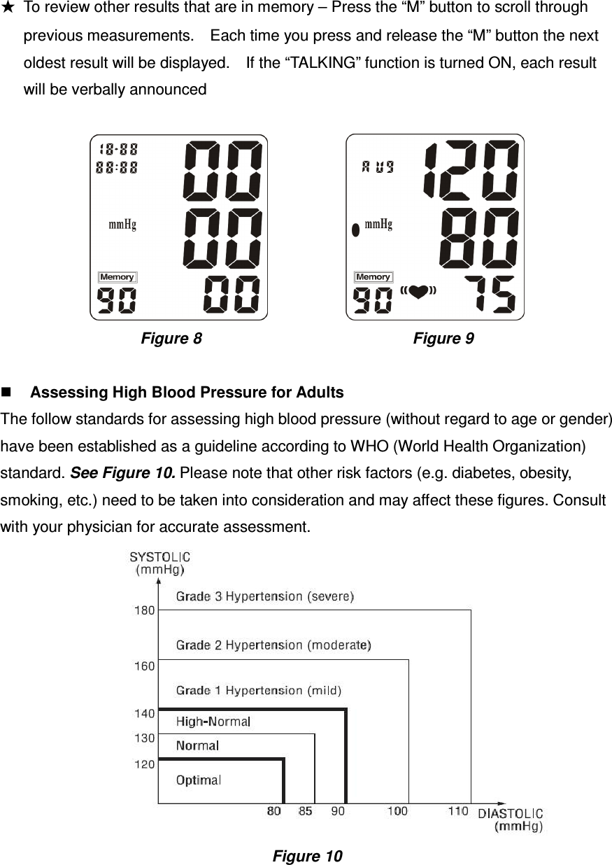 ★  To review other results that are in memory – Press the “M” button to scroll through previous measurements.    Each time you press and release the “M” button the next oldest result will be displayed.    If the “TALKING” function is turned ON, each result will be verbally announced                Figure 8                                                      Figure 9   Assessing High Blood Pressure for Adults The follow standards for assessing high blood pressure (without regard to age or gender) have been established as a guideline according to WHO (World Health Organization) standard. See Figure 10. Please note that other risk factors (e.g. diabetes, obesity, smoking, etc.) need to be taken into consideration and may affect these figures. Consult with your physician for accurate assessment.                       Figure 10  