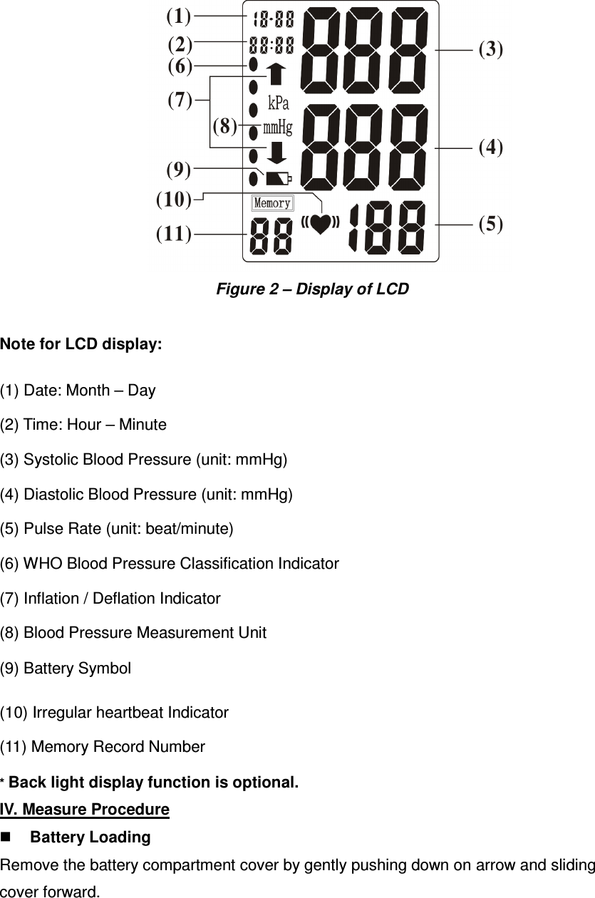                                  Figure 2 – Display of LCD  Note for LCD display: * Back light display function is optional. IV. Measure Procedure  Battery Loading   Remove the battery compartment cover by gently pushing down on arrow and sliding cover forward. (1) Date: Month – Day  (2) Time: Hour – Minute  (3) Systolic Blood Pressure (unit: mmHg)  (4) Diastolic Blood Pressure (unit: mmHg)  (5) Pulse Rate (unit: beat/minute)  (6) WHO Blood Pressure Classification Indicator  (7) Inflation / Deflation Indicator  (8) Blood Pressure Measurement Unit  (9) Battery Symbol  (10) Irregular heartbeat Indicator    (11) Memory Record Number  