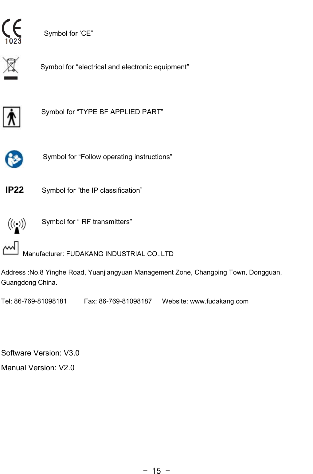   - 15 -     Symbol for ‘CE”                          Symbol for “electrical and electronic equipment”      Symbol for “TYPE BF APPLIED PART”   Symbol for “Follow operating instructions”  IP22    Symbol for “the IP classification”  Symbol for “ RF transmitters”  Manufacturer: FUDAKANG INDUSTRIAL CO.,LTD Address :No.8 Yinghe Road, Yuanjiangyuan Management Zone, Changping Town, Dongguan, Guangdong China. Tel: 86-769-81098181     Fax: 86-769-81098187   Website: www.fudakang.com   Software Version: V3.0   Manual Version: V2.0   