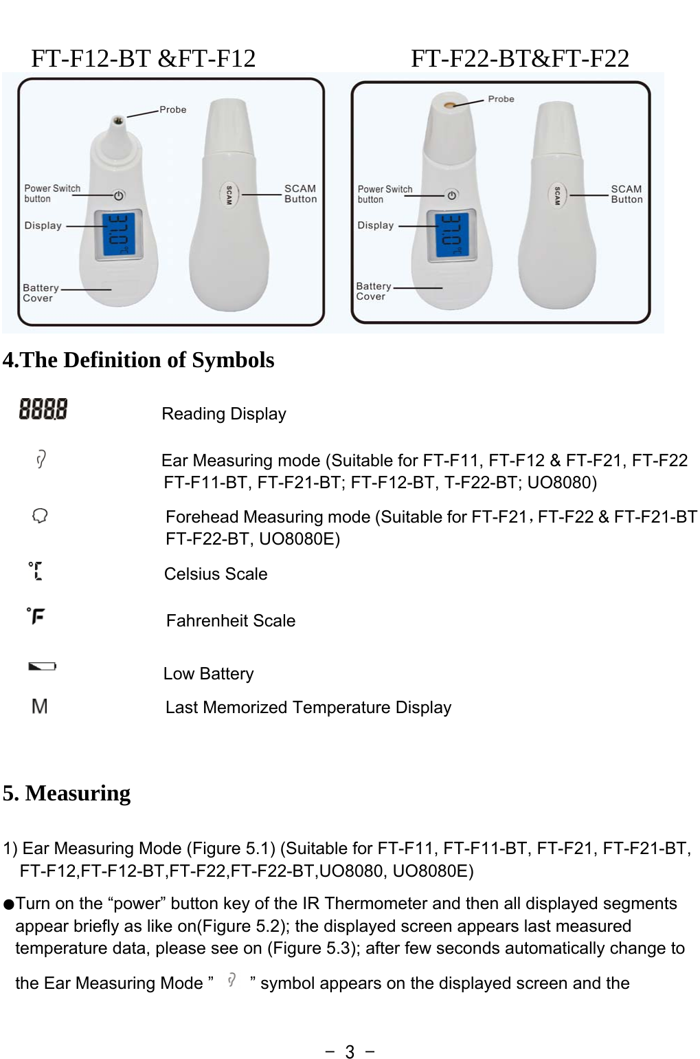   - 3 -FT-F12-BT &amp;FT-F12  FT-F22-BT&amp;FT-F22  4.The Definition of Symbols                    Reading Display               Ear Measuring mode (Suitable for FT-F11, FT-F12 &amp; FT-F21, FT-F22 FT-F11-BT, FT-F21-BT; FT-F12-BT, T-F22-BT; UO8080)                             Forehead Measuring mode (Suitable for FT-F21，FT-F22 &amp; FT-F21-BT FT-F22-BT, UO8080E)                      Celsius Scale                Fahrenheit Scale                          Low Battery                 Last Memorized Temperature Display   5. Measuring  1) Ear Measuring Mode (Figure 5.1) (Suitable for FT-F11, FT-F11-BT, FT-F21, FT-F21-BT, FT-F12,FT-F12-BT,FT-F22,FT-F22-BT,UO8080, UO8080E)  ●Turn on the “power” button key of the IR Thermometer and then all displayed segments appear briefly as like on(Figure 5.2); the displayed screen appears last measured temperature data, please see on (Figure 5.3); after few seconds automatically change to the Ear Measuring Mode ”    ” symbol appears on the displayed screen and the 