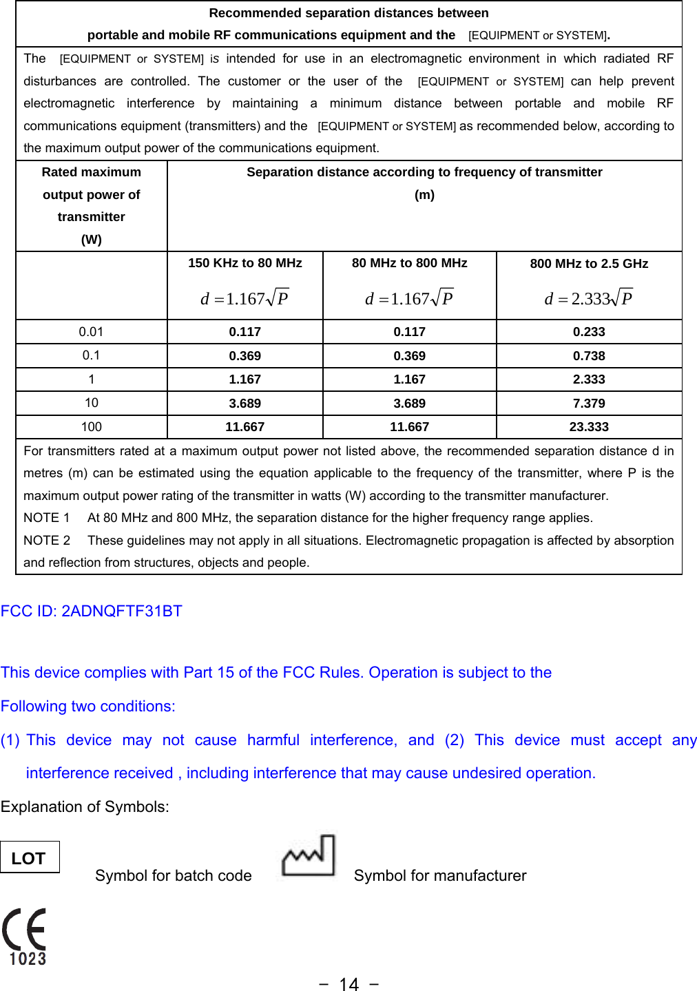  - 14 - Recommended separation distances between   portable and mobile RF communications equipment and the   [EQUIPMENT or SYSTEM]. The  [EQUIPMENT or SYSTEM] is intended for use in an electromagnetic environment in which radiated RF disturbances are controlled. The customer or the user of the  [EQUIPMENT or SYSTEM] can help prevent electromagnetic interference by maintaining a minimum distance between portable and mobile RF communications equipment (transmitters) and the   [EQUIPMENT or SYSTEM] as recommended below, according to the maximum output power of the communications equipment. Rated maximum output power of transmitter (W) Separation distance according to frequency of transmitter (m)   150 KHz to 80 MHz Pd 167.1= 80 MHz to 800 MHz Pd 167.1= 800 MHz to 2.5 GHz Pd 333.2= 0.01  0.117 0.117  0.233 0.1  0.369 0.369  0.738 1  1.167 1.167  2.333 10  3.689 3.689  7.379 100  11.667 11.667  23.333 For transmitters rated at a maximum output power not listed above, the recommended separation distance d in metres (m) can be estimated using the equation applicable to the frequency of the transmitter, where P is the maximum output power rating of the transmitter in watts (W) according to the transmitter manufacturer. NOTE 1     At 80 MHz and 800 MHz, the separation distance for the higher frequency range applies. NOTE 2     These guidelines may not apply in all situations. Electromagnetic propagation is affected by absorption and reflection from structures, objects and people.  FCC ID: 2ADNQFTF31BT  This device complies with Part 15 of the FCC Rules. Operation is subject to the   Following two conditions: (1) This device may not cause harmful interference, and (2) This device must accept any interference received , including interference that may cause undesired operation. Explanation of Symbols:             Symbol for batch code      Symbol for manufacturer  LOT 