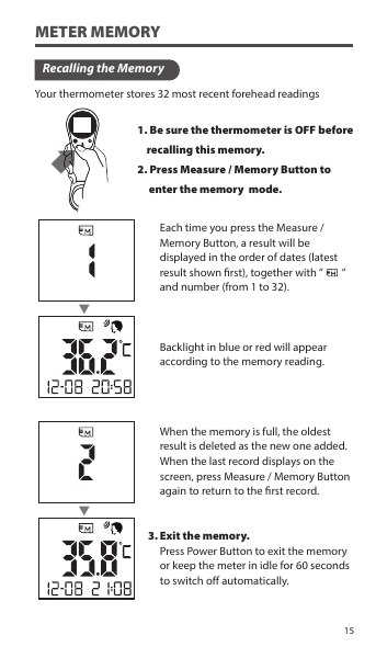 METER MEMORYRecalling the MemoryYour thermometer stores 32 most recent forehead readings1. Be sure the thermometer is OFF before     recalling this memory.2. Press Measure / Memory Button to      enter the memory  mode.Each time you press the Measure / Memory Button, a result will be displayed in the order of dates (latest result shown rst), together with ”        ” and number (from 1 to 32).Backlight in blue or red will appear according to the memory reading.When the memory is full, the oldest result is deleted as the new one added. When the last record displays on the screen, press Measure / Memory Button again to return to the rst record.Exit the memory.Press Power Button to exit the memory or keep the meter in idle for 60 seconds to switch o automatically. 3. 15